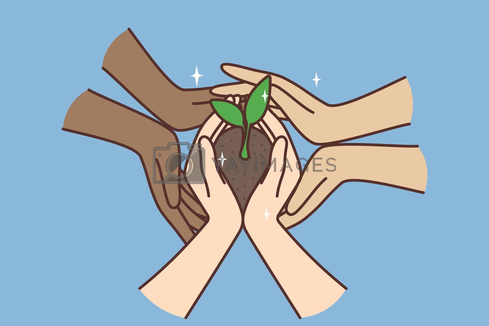 Royalty free image of Multiracial people hands hold ground with seedling by Vasilyeu