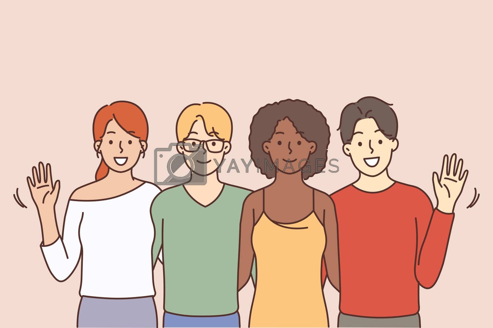 Royalty free image of Smiling multiracial people wave hands by Vasilyeu