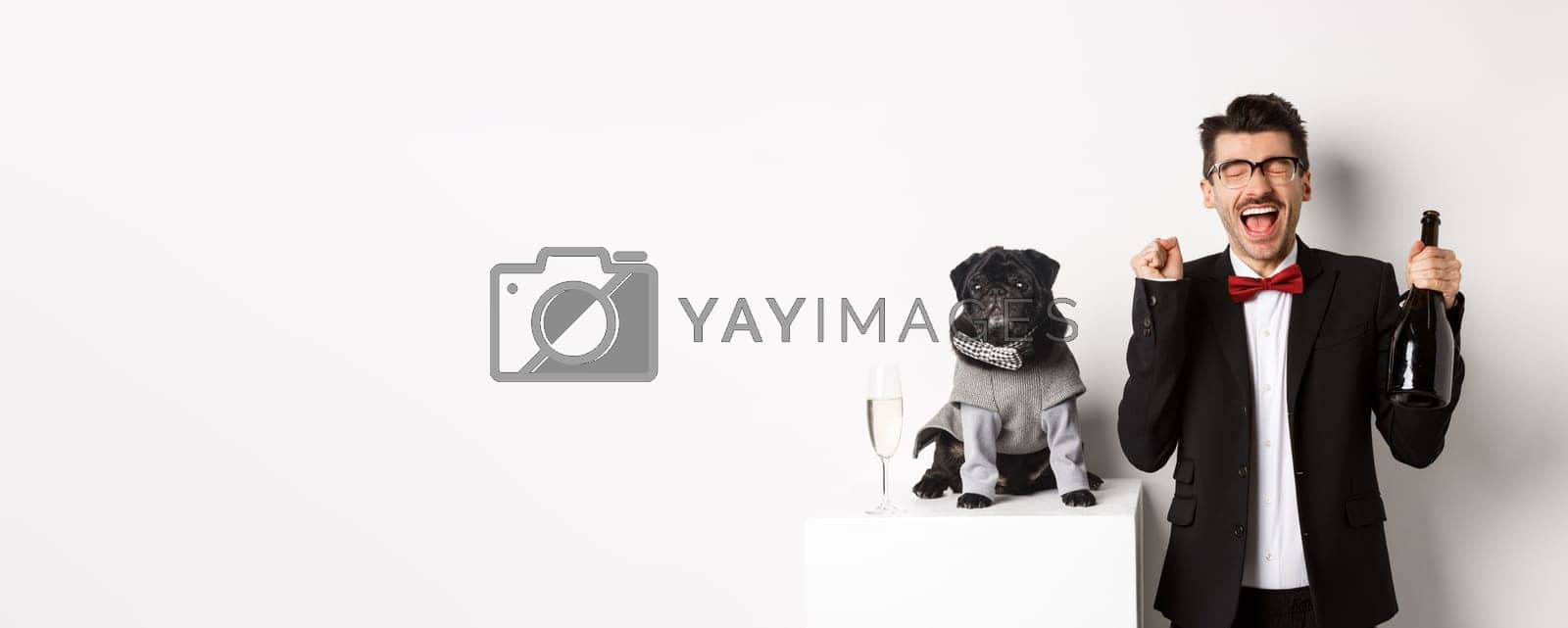 Royalty free image of Pets, winter holidays and New Year concept. Happy young man celebrating Christmas with cute black dog wearing party costume, holding bottle champagne, white background by Benzoix