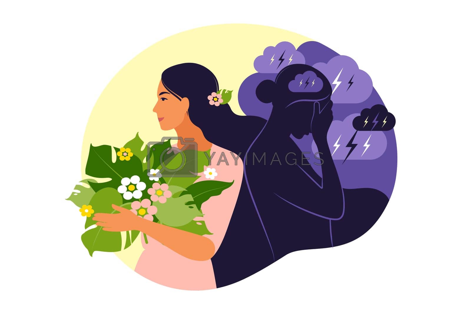 Royalty free image of Psychotherapy or psychology support concept. Two woman different states of consciousness mind - depression and positive mental health mood. Vector illustration. Flat by Elena_Kalinicheva