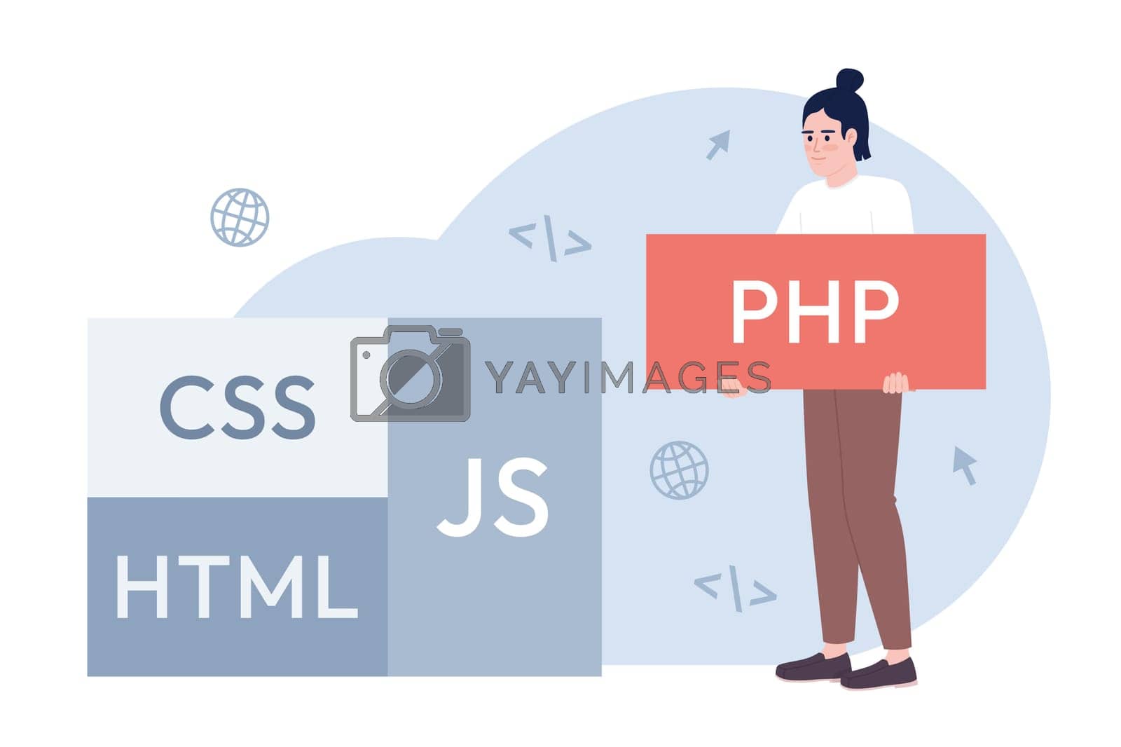 Website development process flat concept vector spot illustration. Editable 2D cartoon character on white for web design. Selecting programming languages creative idea. Outfit Medium font used