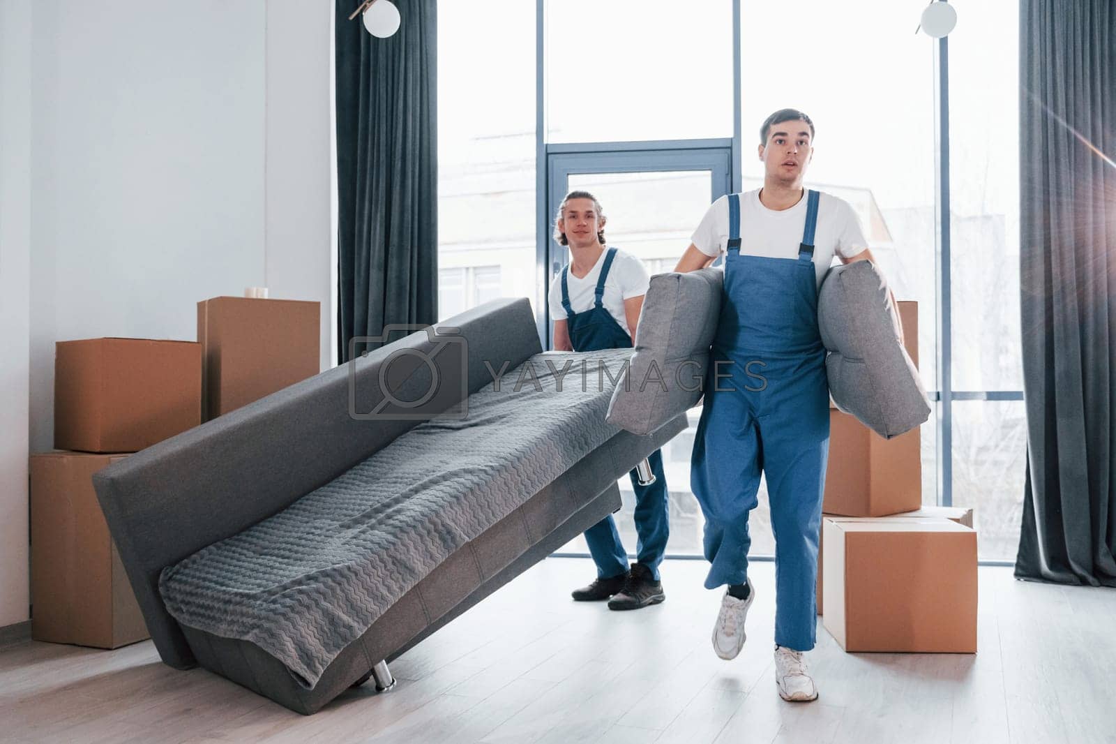 Royalty free image of Carrying heavy sofa. Two young movers in blue uniform working indoors in the room by Standret
