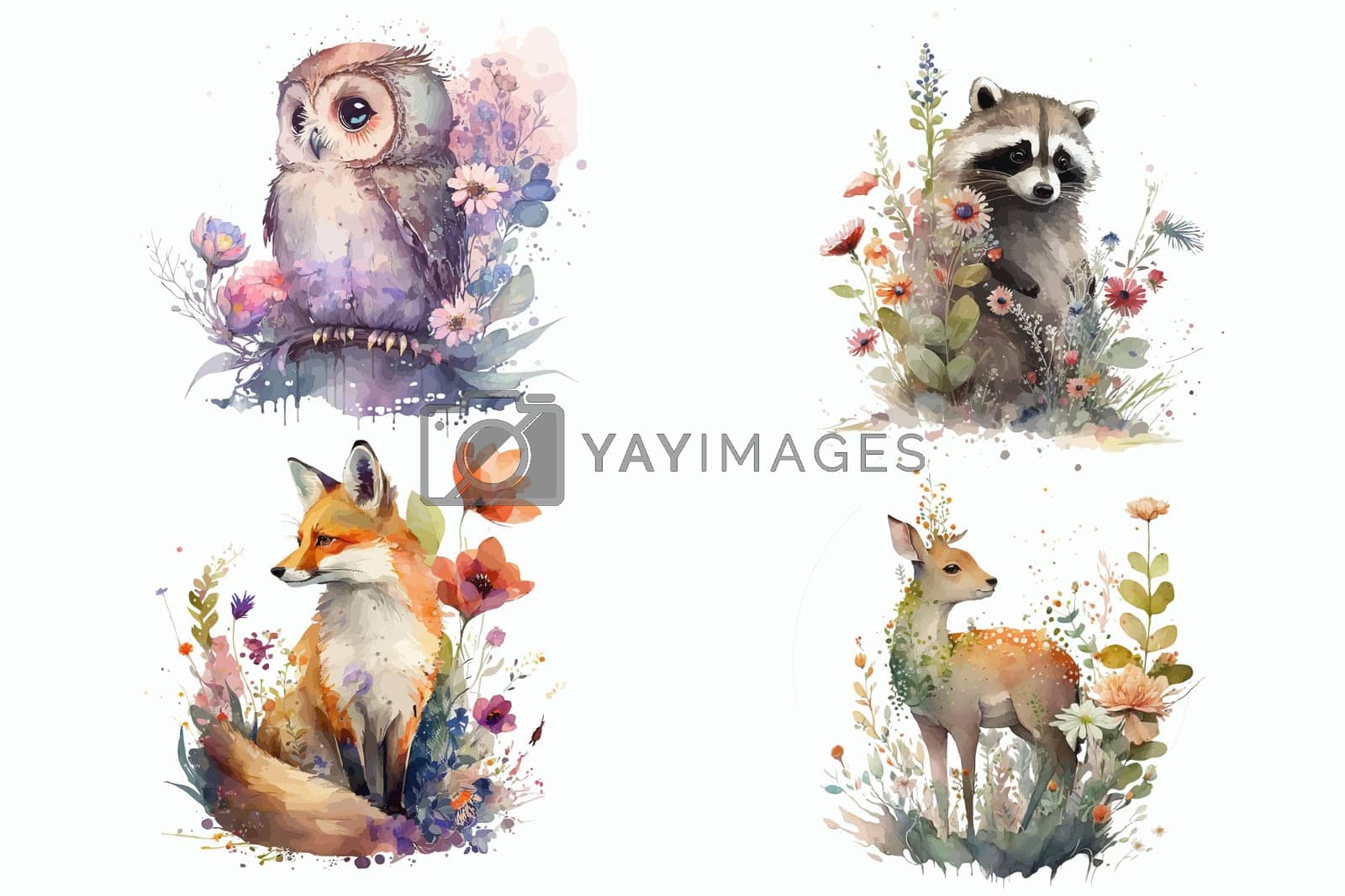 Royalty free image of Owl, raccoon, fox and deer in flowers in watercolor style. Isolated vector illustration by Andrei_01