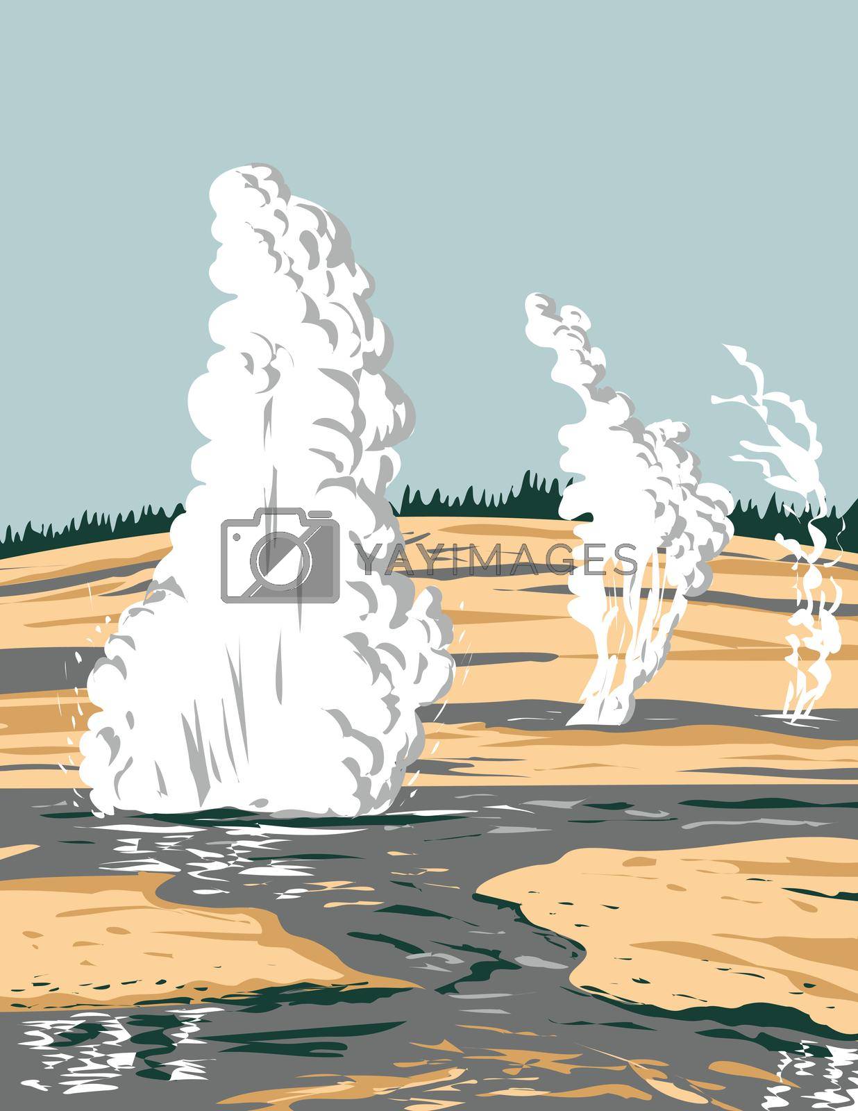 Royalty free image of Norris Geyser Basin the Hottest Oldest and Most Dynamic of Yellowstone's Thermal or Geothermal Areas in Yellowstone National Park Teton County Wyoming USA WPA Poster Art by patrimonio