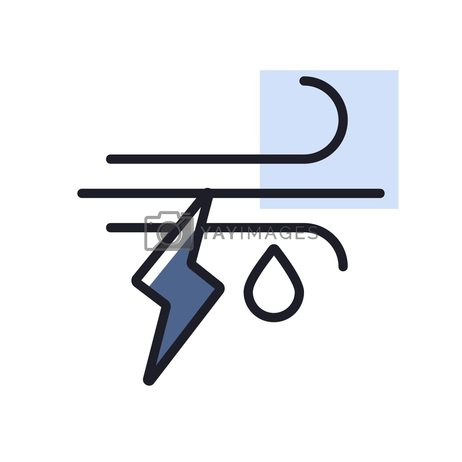 Wind rain lightning vector icon. Meteorology sign. Graph symbol for travel, tourism and weather web site and apps design, logo, app, UI