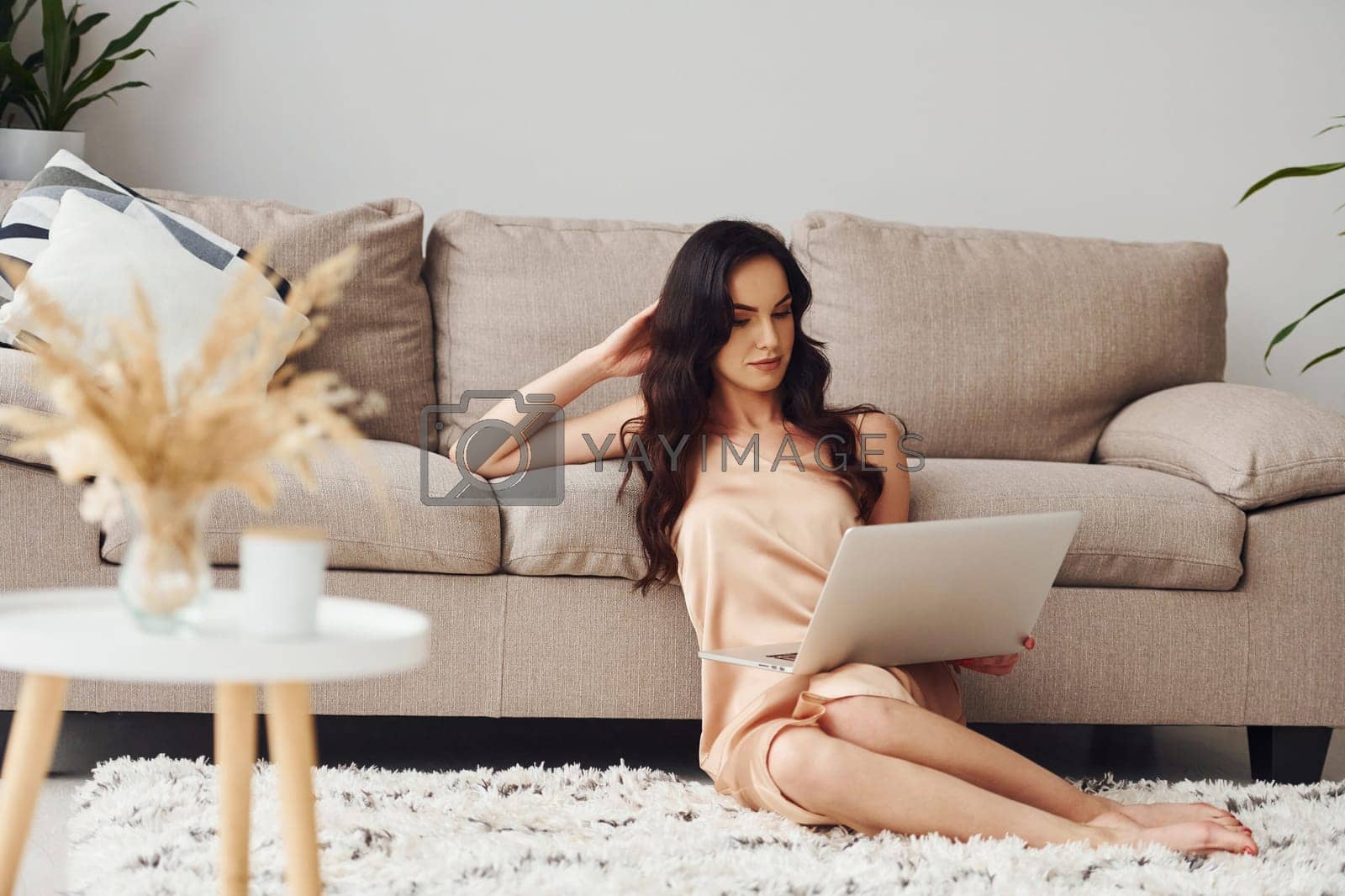 Royalty free image of Beautiful brunette in luxury clothes sitting with laptop at home at daytime by Standret
