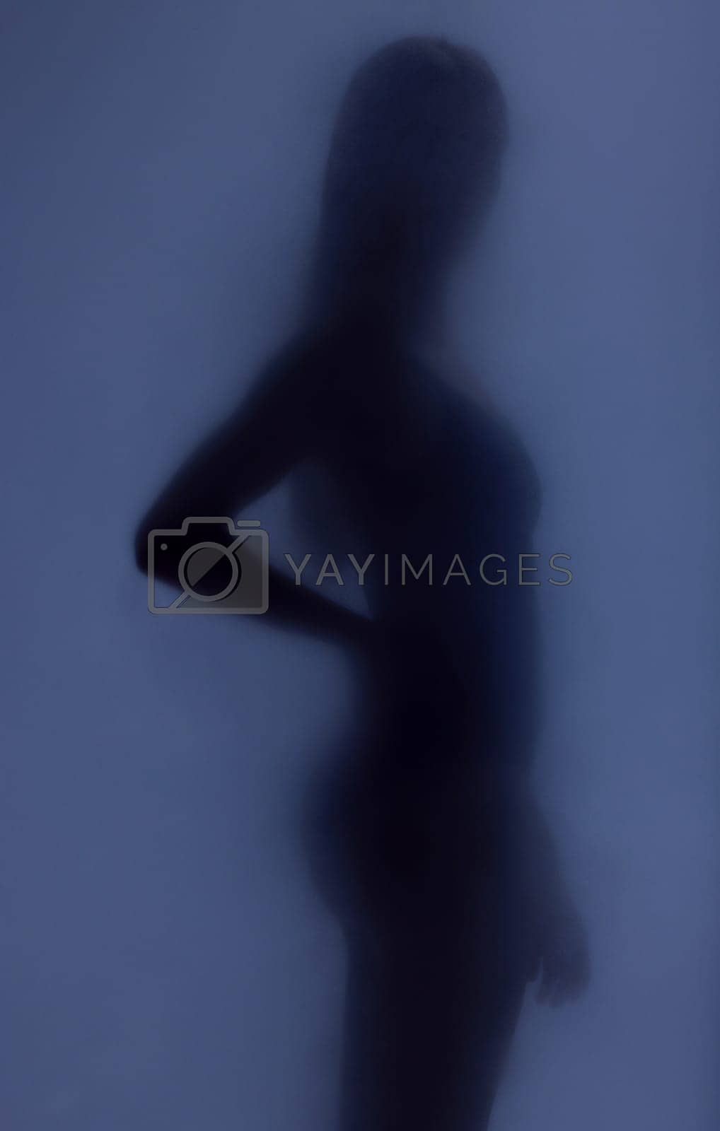 Royalty free image of Woman silhouette, glass and sexy shadow with creative art deco, screen and natural body health. Girl, model and mockup by window with smoke, dark aesthetic and sensual mystery with wellness of person by YuriArcurs