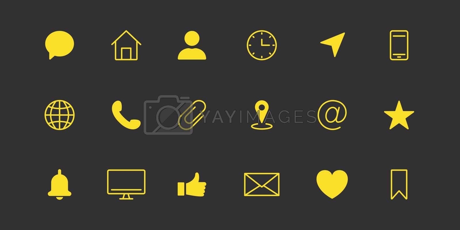 Royalty free image of Business Card Icon Set. Yellow Simple Communication Lina and Silhouette Icon. Contact Info Pictogram. Address, Email, Phone, Message, Chat. Set of Website Pictogram. Vector illustration by Toxa2x2