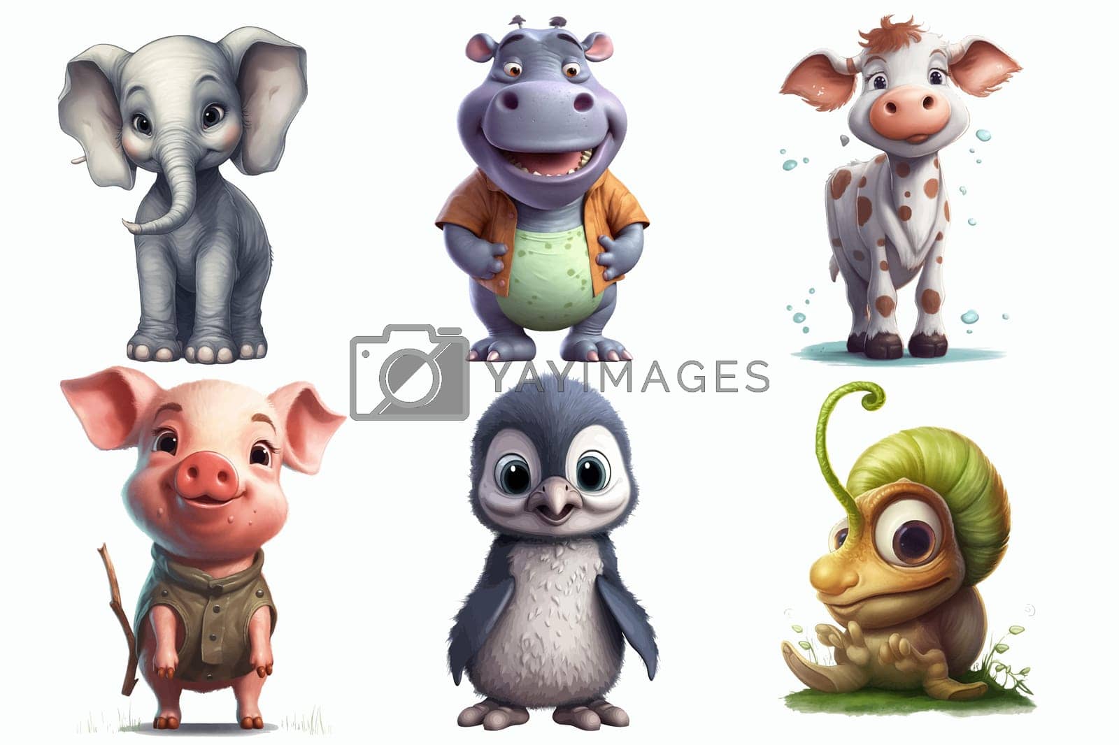Royalty free image of Safari Animal set elephant, hippopotamus, cow, piglet, penguin, snail in 3d style. Isolated vector illustration by Andrei_01