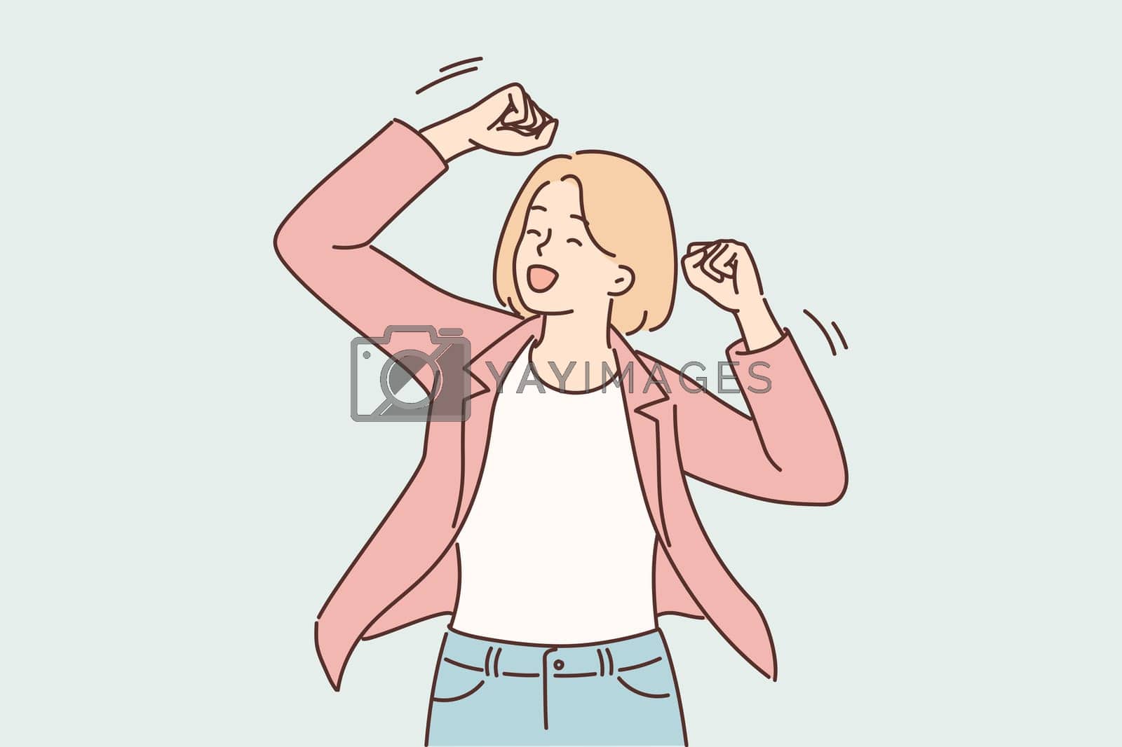 Royalty free image of Successful woman raises hands up making victory gesture after triumph of own business by Vasilyeu