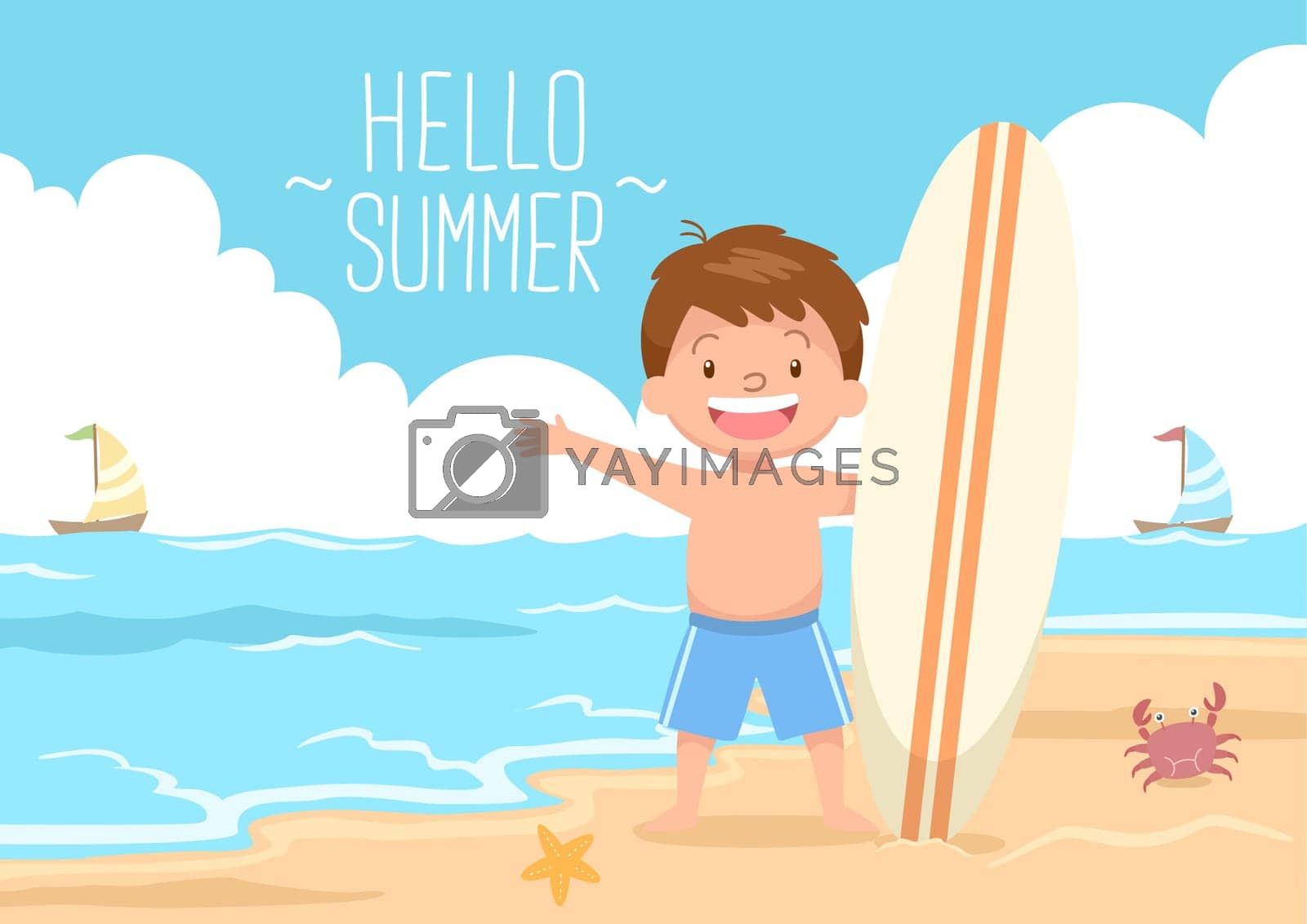 Royalty free image of cute kid holding surf board at the beach hello summer by JuneYap