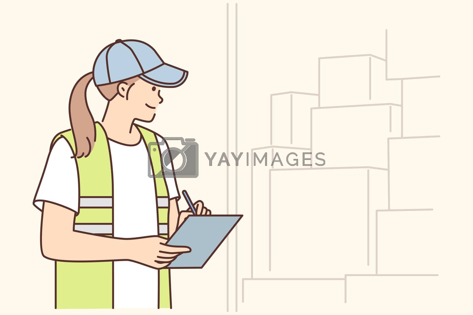 Royalty free image of Warehouse manager woman doing inventory counting boxes in warehouse or truck and holding clipboard by Vasilyeu