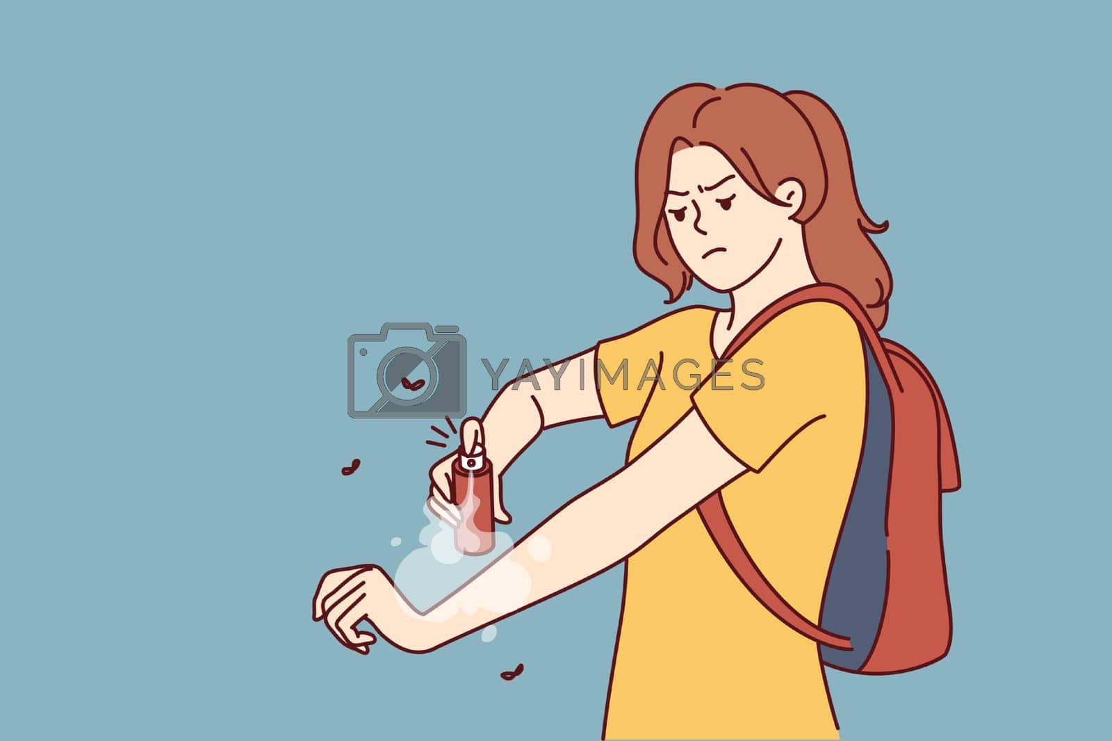 Royalty free image of Woman hiker applies anti-malarial mosquito bite spray while hiking in wilderness in tropical area by Vasilyeva