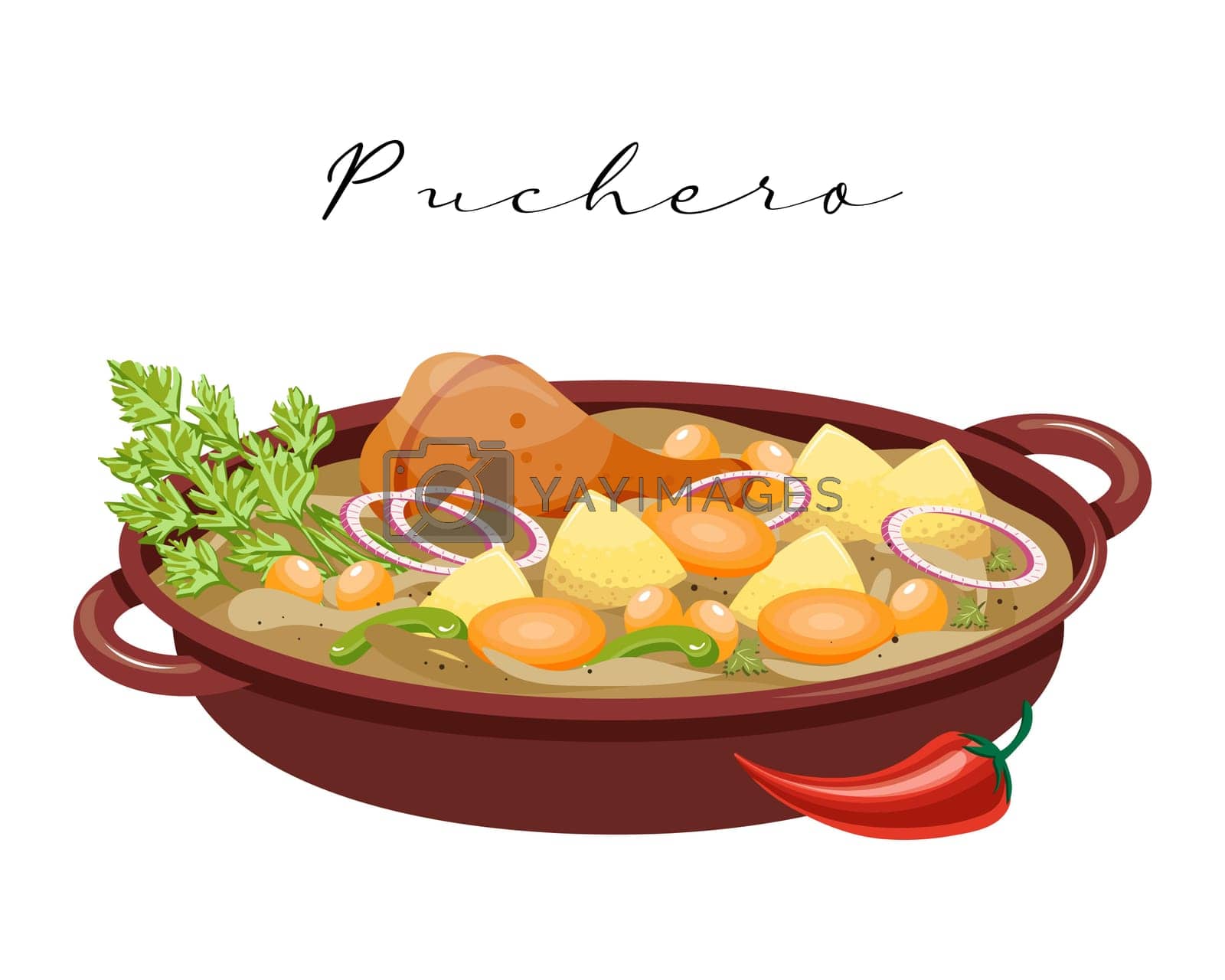 Royalty free image of Hot dish Puchero, stewed vegetables with meat, Latin American cuisine. Food illustration by VS1959