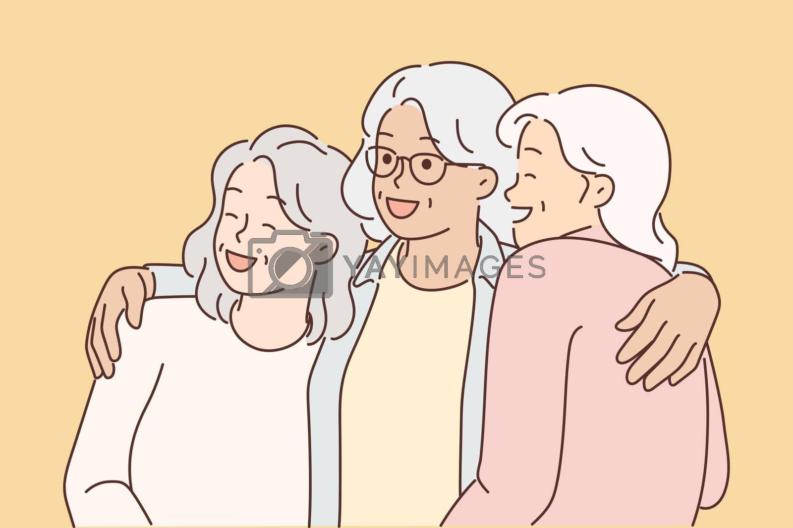 Royalty free image of Three elderly women laugh and hug for first time having met after long separation by Vasilyeu