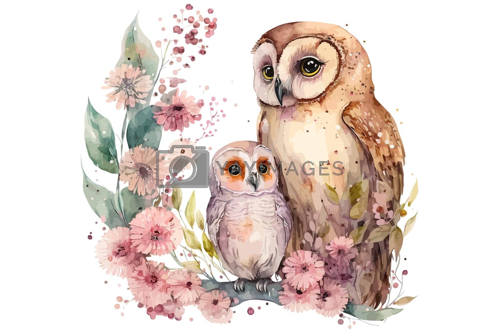 Royalty free image of Safari Animal set owl with owlet in flowers in watercolor style. Isolated vector illustration by Andrei_01