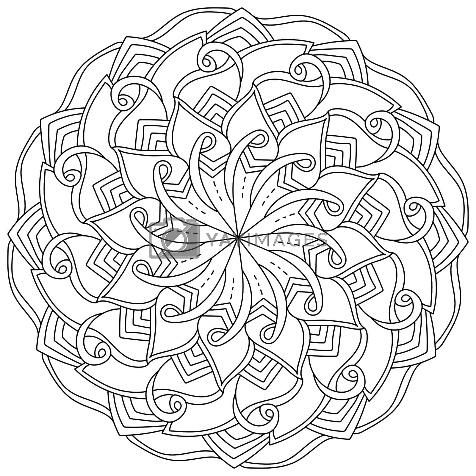 Royalty free image of Contour mandala with petals and curls, meditative coloring book page for adults and kids by Sunny_Coloring