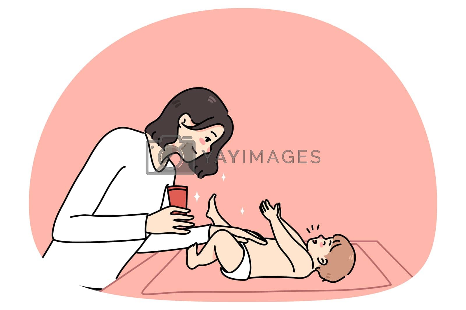 Royalty free image of Caring mom moisturize newborn baby body by Vasilyeva