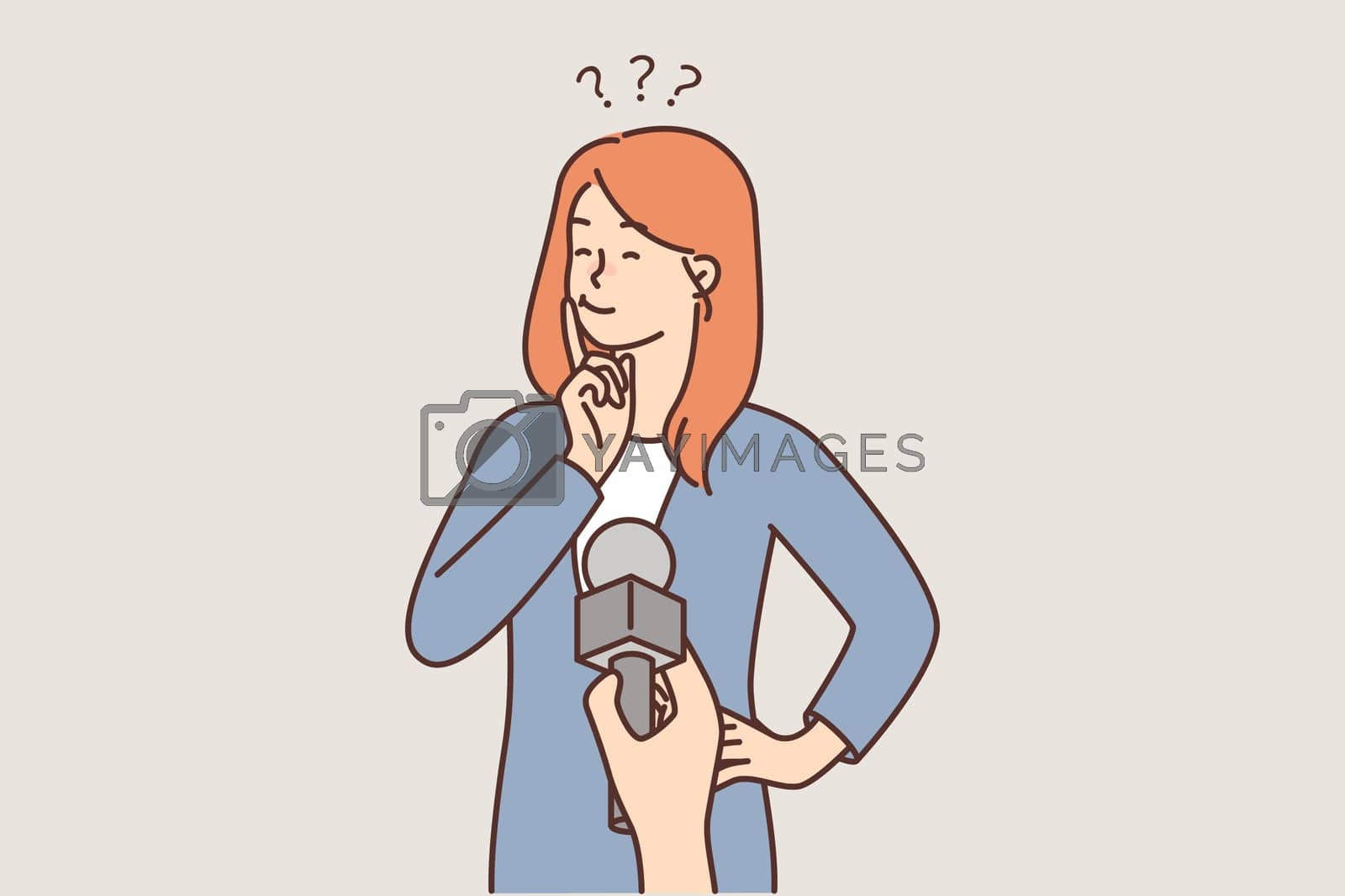 Royalty free image of Thoughtful woman near microphone in hand of reporter interviewing passers-by and making question by Vasilyeu