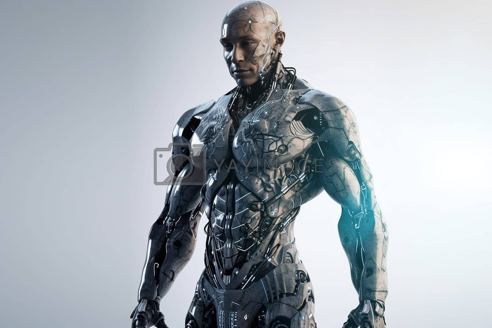 Royalty free image of AI technology, sci fi and cyborg man, futuristic robot or fantasy warrior character for RPG, gaming or cyberpunk. Studio machine, android transformation or robotic humanoid model on grey background by YuriArcurs