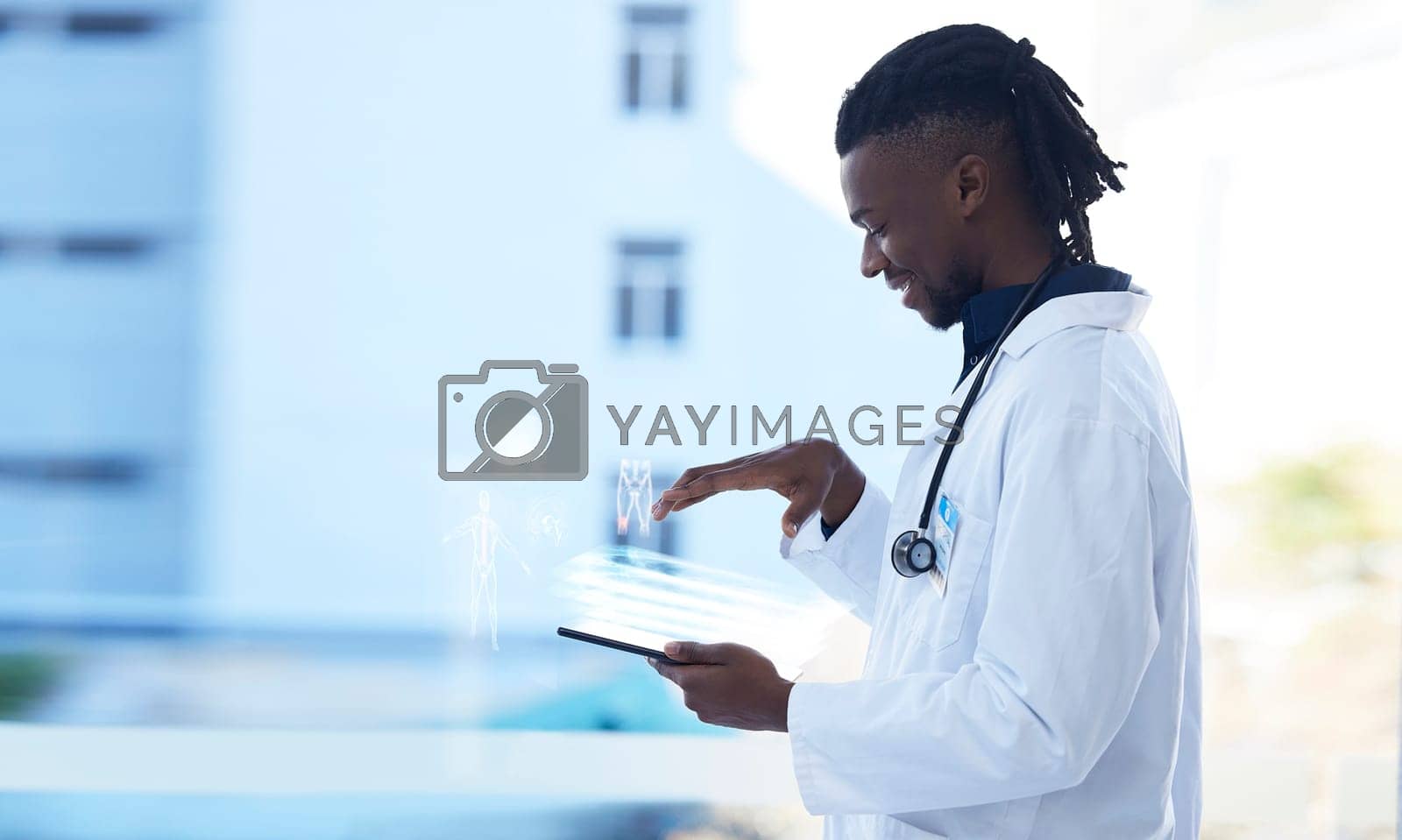 Royalty free image of Technology, doctor and mockup, tablet with hologram for futuristic or virtual medical information in hospital. Black man, health care in Africa and cyber consultation for data on health and happiness by YuriArcurs