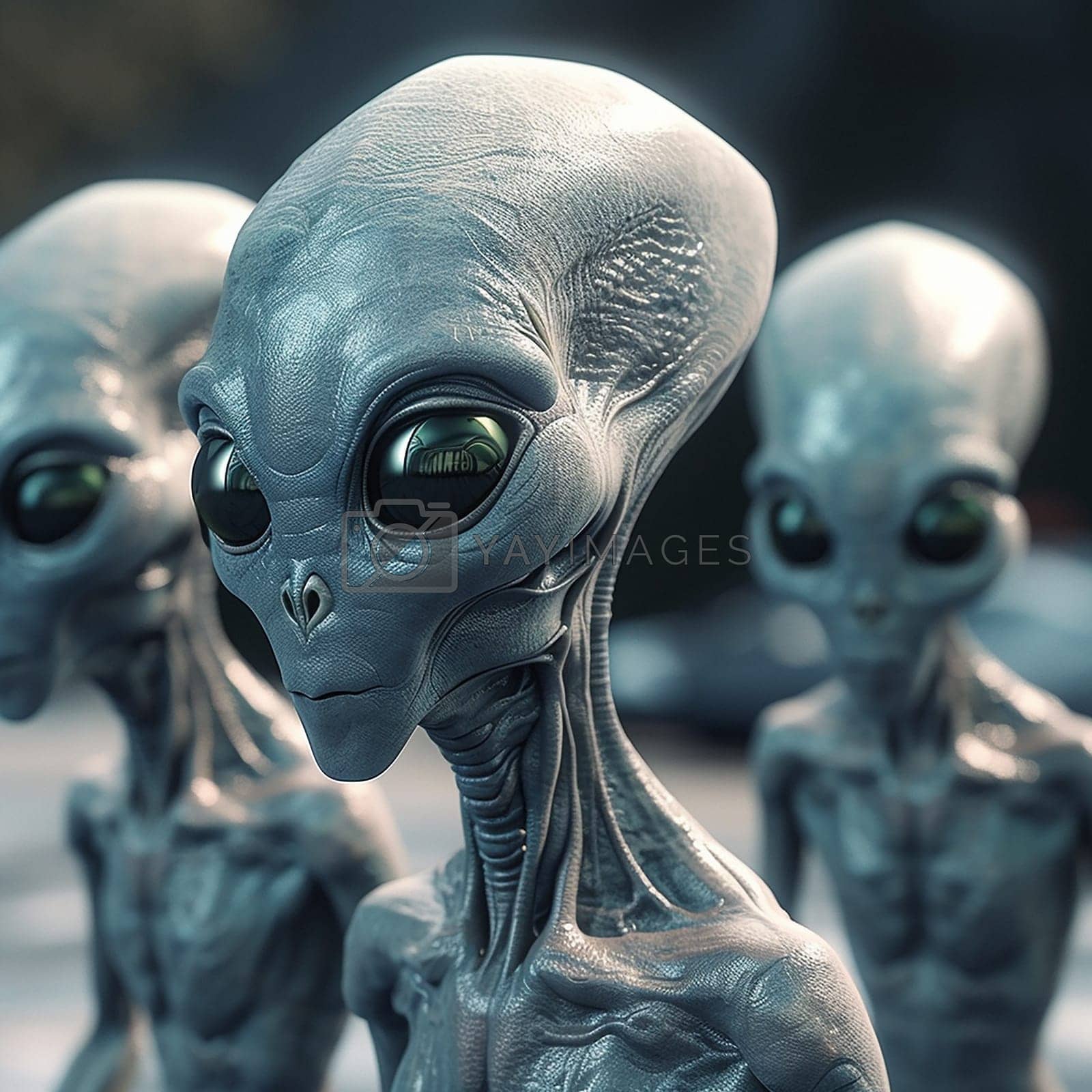 Royalty free image of Alien attack or abduction or in a UFO space ship, visitor or scary world or universe with invasion, technology and martians. A close up or portrait of aliens for horror, strange and special effects. by YuriArcurs