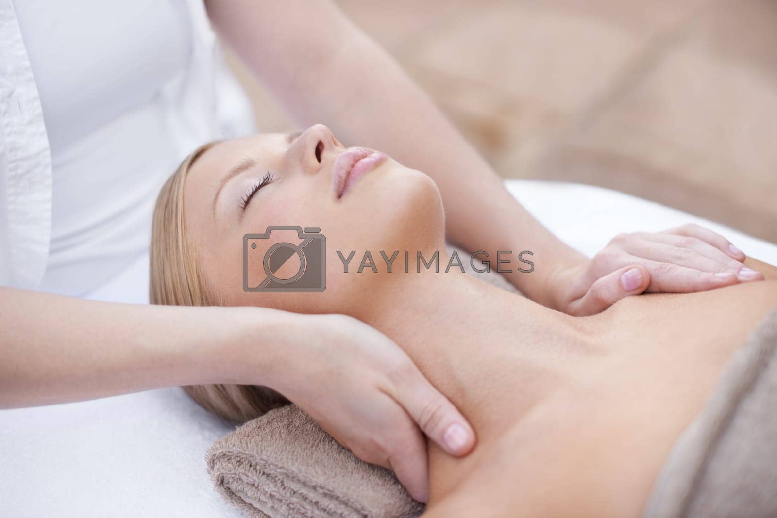 Royalty free image of Hands of masseuse, woman getting neck massage in spa and wellness with peace, tranquility and holistic treatment. Stress relief, zen and female person at luxury resort with self care and body healing by YuriArcurs