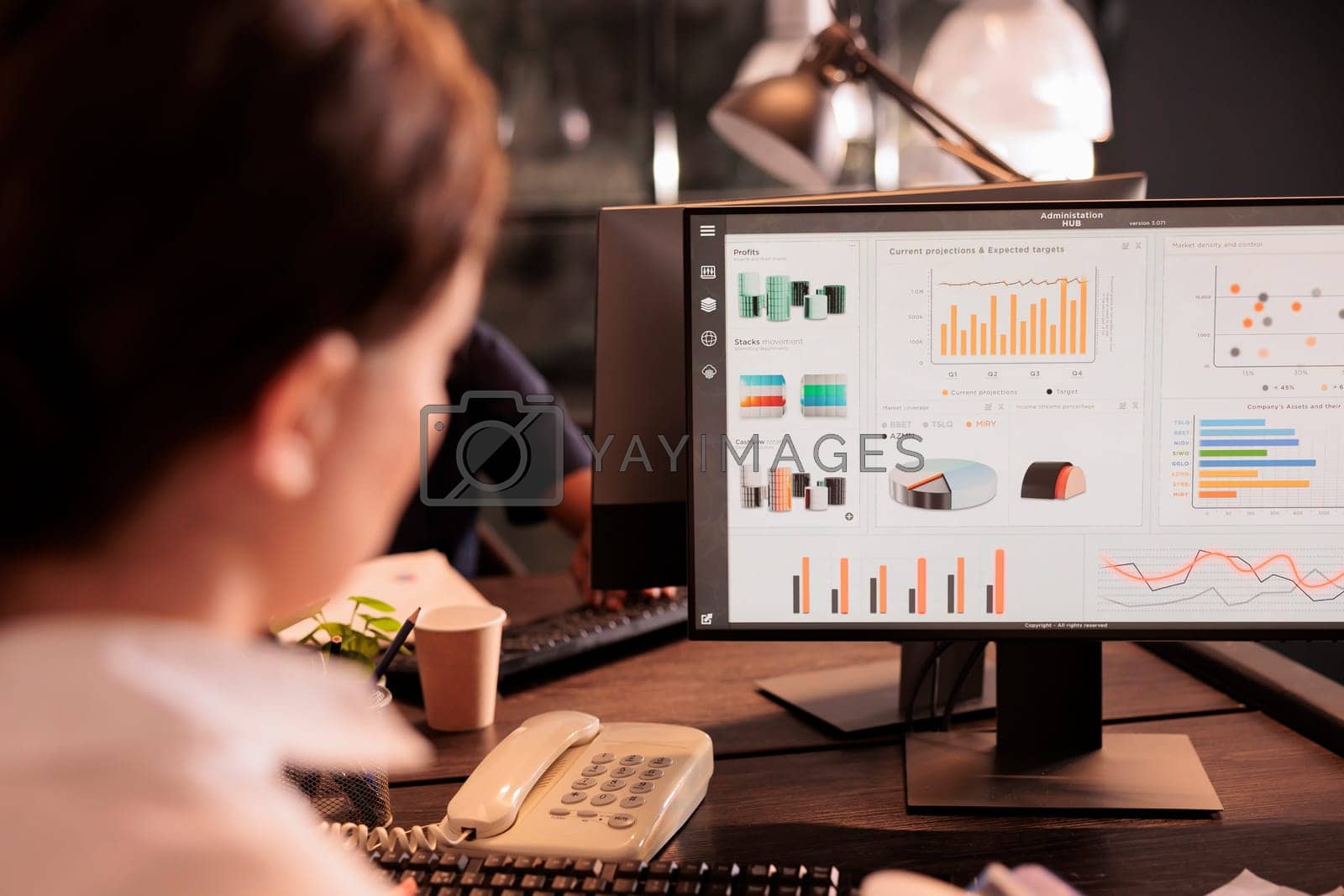 Royalty free image of Woman reading corporate marketing report on computer screen by DCStudio