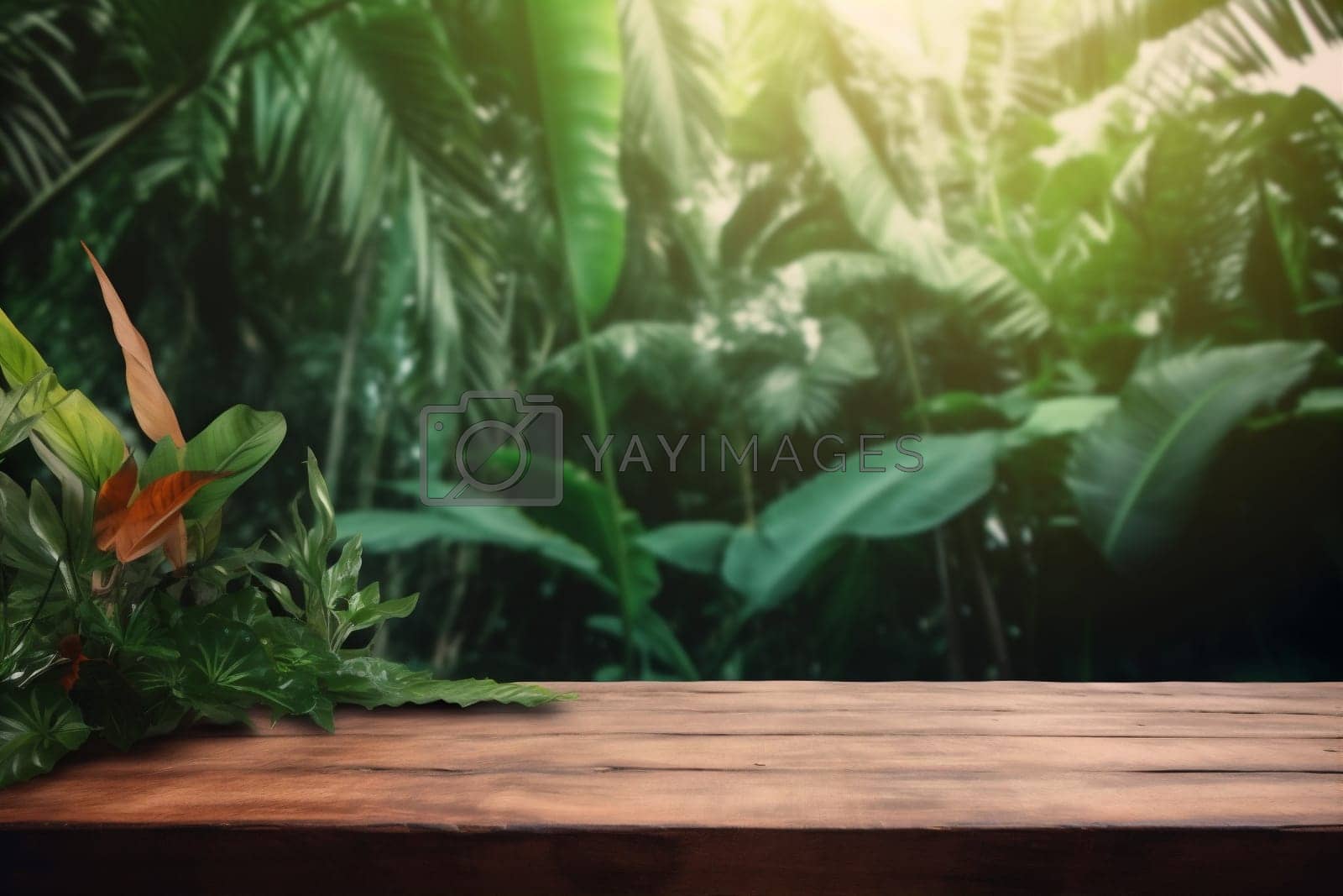 Royalty free image of wooden palm podium design leaf green platform mock up space color. Generative AI. by SHOTPRIME