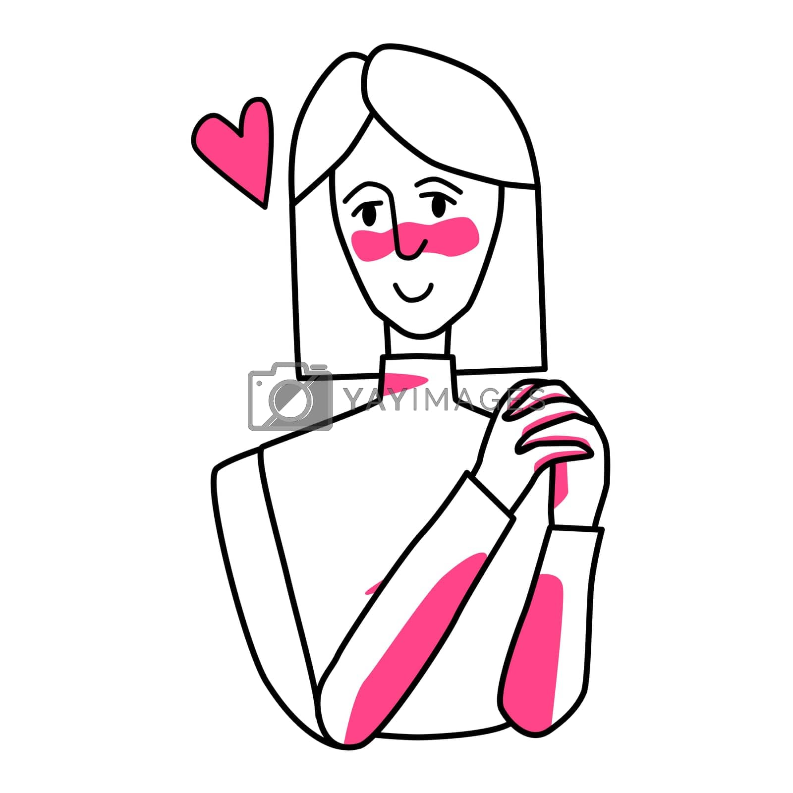 Royalty free image of Shy woman with emotion of love. Beloved female half body drawing, sweetheart tender mood of a maid, amour affection flirting. Line with pink spots style. by Litteralis
