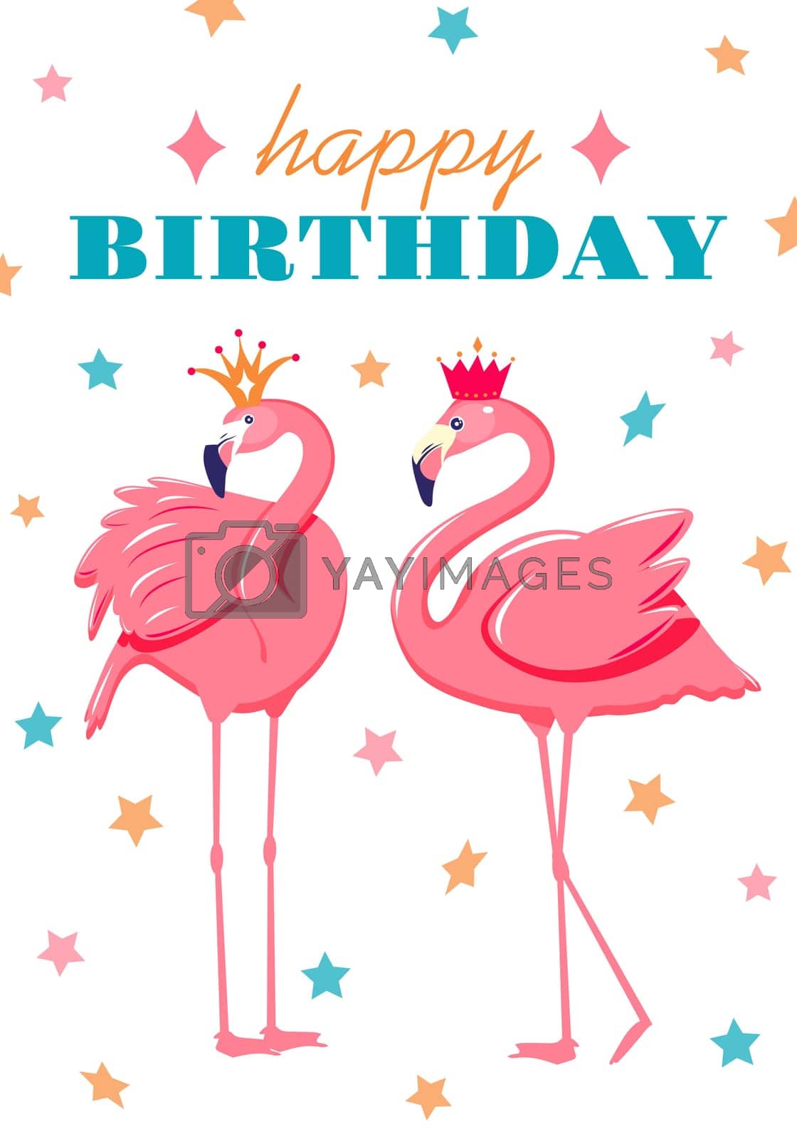 Royalty free image of Birthday Party card with pink flamingo and stars confetti. by idressart