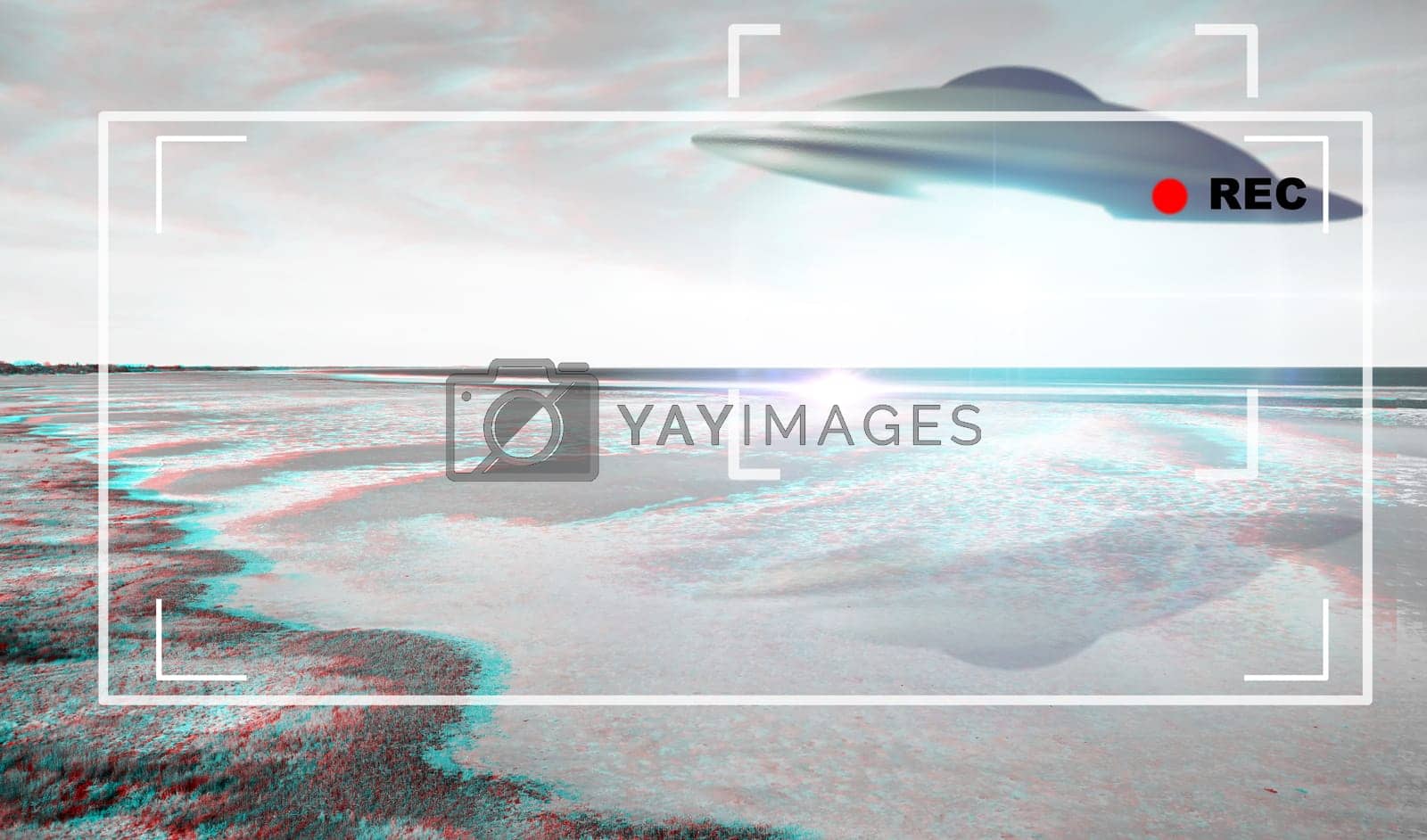 Royalty free image of UFO, alien and viewfinder on a camcorder screen with a spaceship flying in the sky over area 51. Camera, spacecraft and conspiracy theory with a saucer on a display to record a sighting of aliens by YuriArcurs