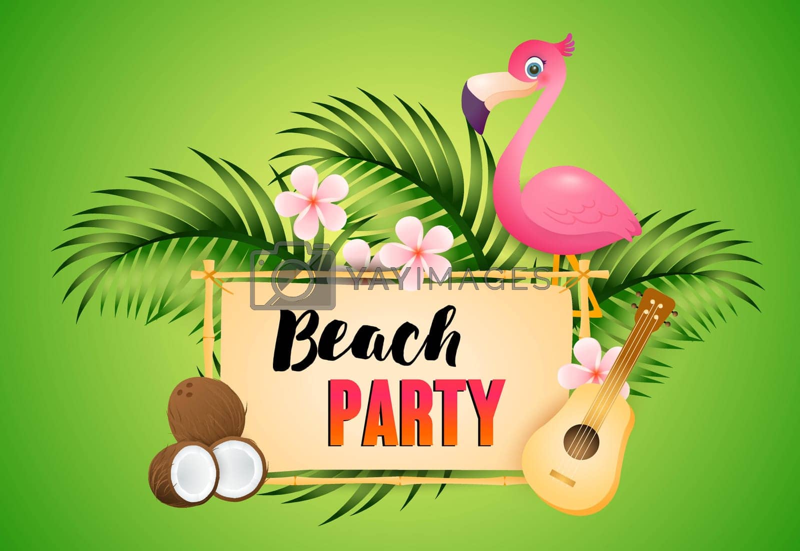 Royalty free image of Beach Party lettering with flamingo, ukulele and coconut by pchvector