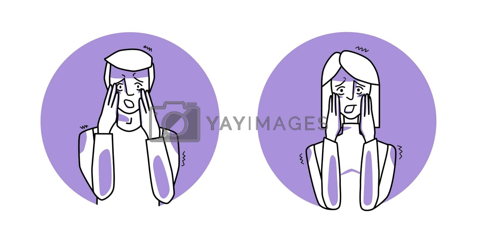 Royalty free image of Frightened man and woman circle icon, emotion of fear, facial expression with gestures. Afraid people, expressing their panic feelings. by Litteralis
