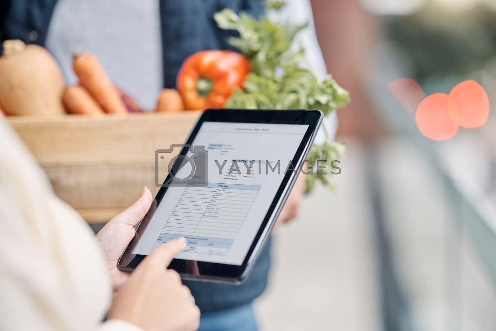 Royalty free image of Tablet in hands, digital invoice and delivery man with small business stock, owner and supply chain with vegetables outdoor. Hospitality, organic product and woman does inventory check with tech by YuriArcurs
