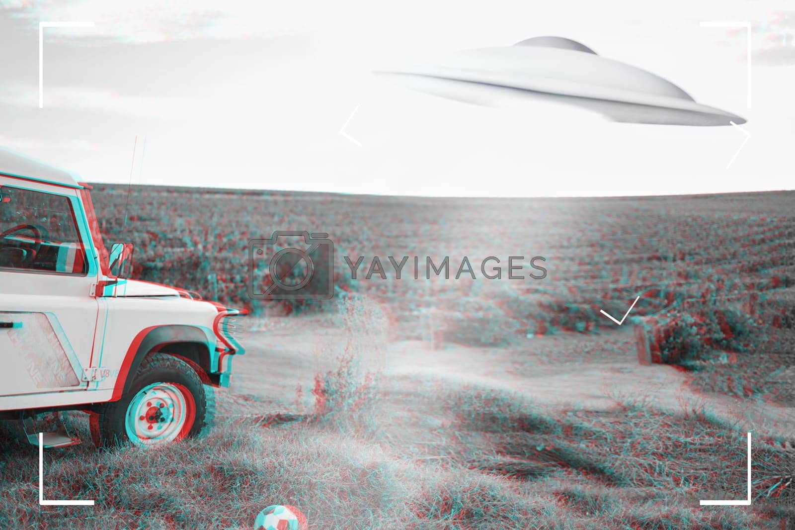 Royalty free image of UFO, alien and camera viewfinder with a spacecraft flying in the sky over area 51 for an invasion. Camcorder, spaceship and conspiracy theory with a saucer on a display to record a sighting of aliens by YuriArcurs