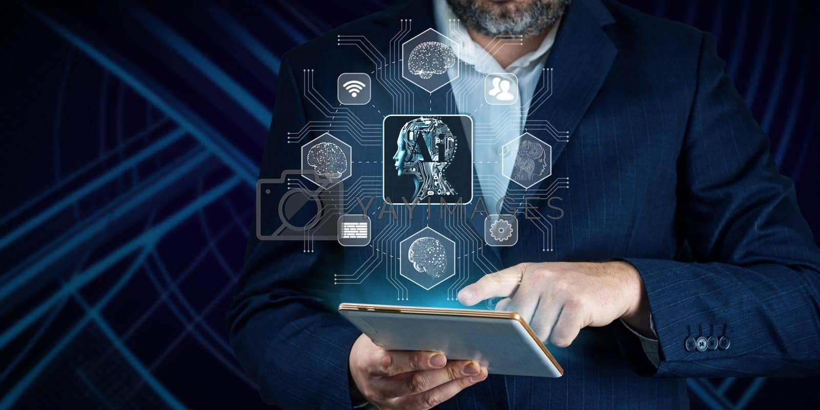 Royalty free image of Businessman working on tablet using ai. Business technology, IoT Internet of Things, ai concept by PhotoTime