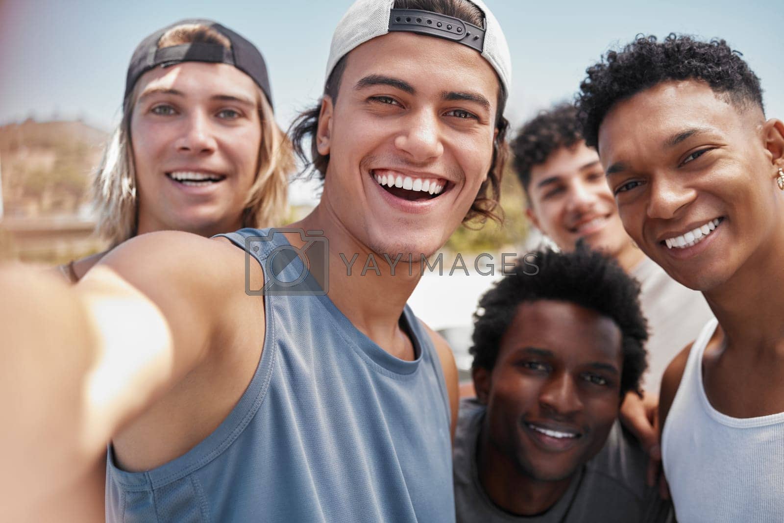 Royalty free image of Summer, students and happy selfie with friends together on outdoor holiday break adventure. Gen Z, smile and happiness in interracial friendship with men enjoying vacation in Los Angeles. by YuriArcurs