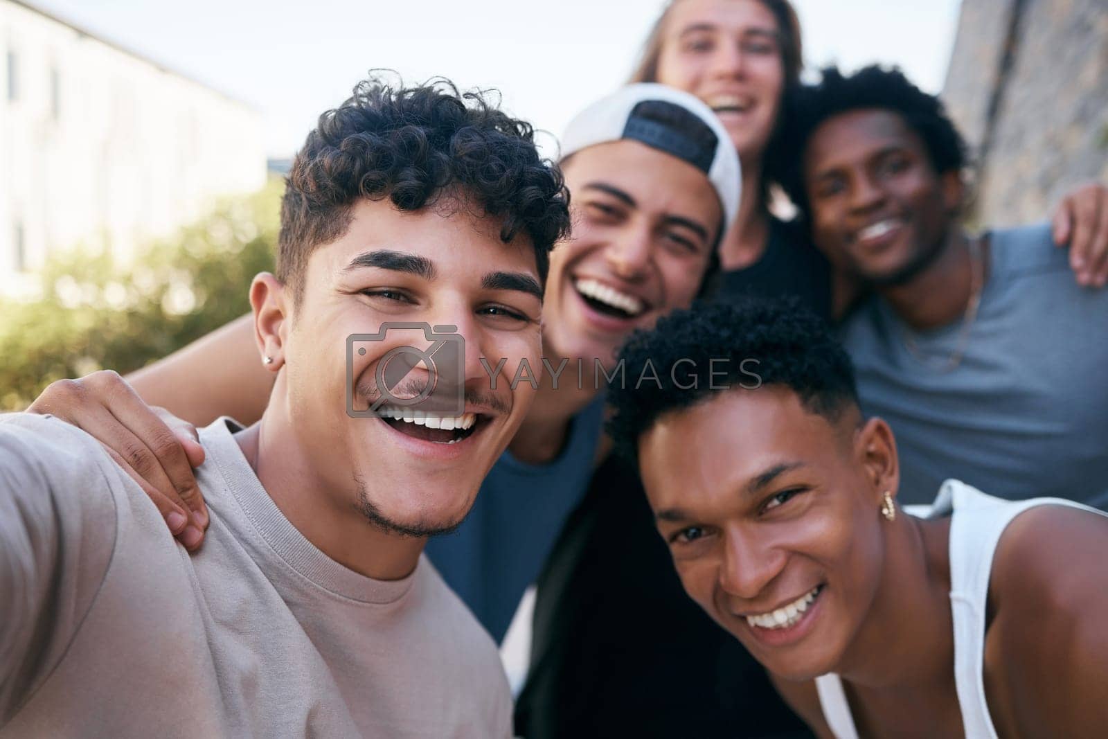 Royalty free image of Fitness, selfie and group friends with smile for workout community, wellness and motivation outdoor. Happy, young and diversity sports people or men in training portrait photography for social media by YuriArcurs