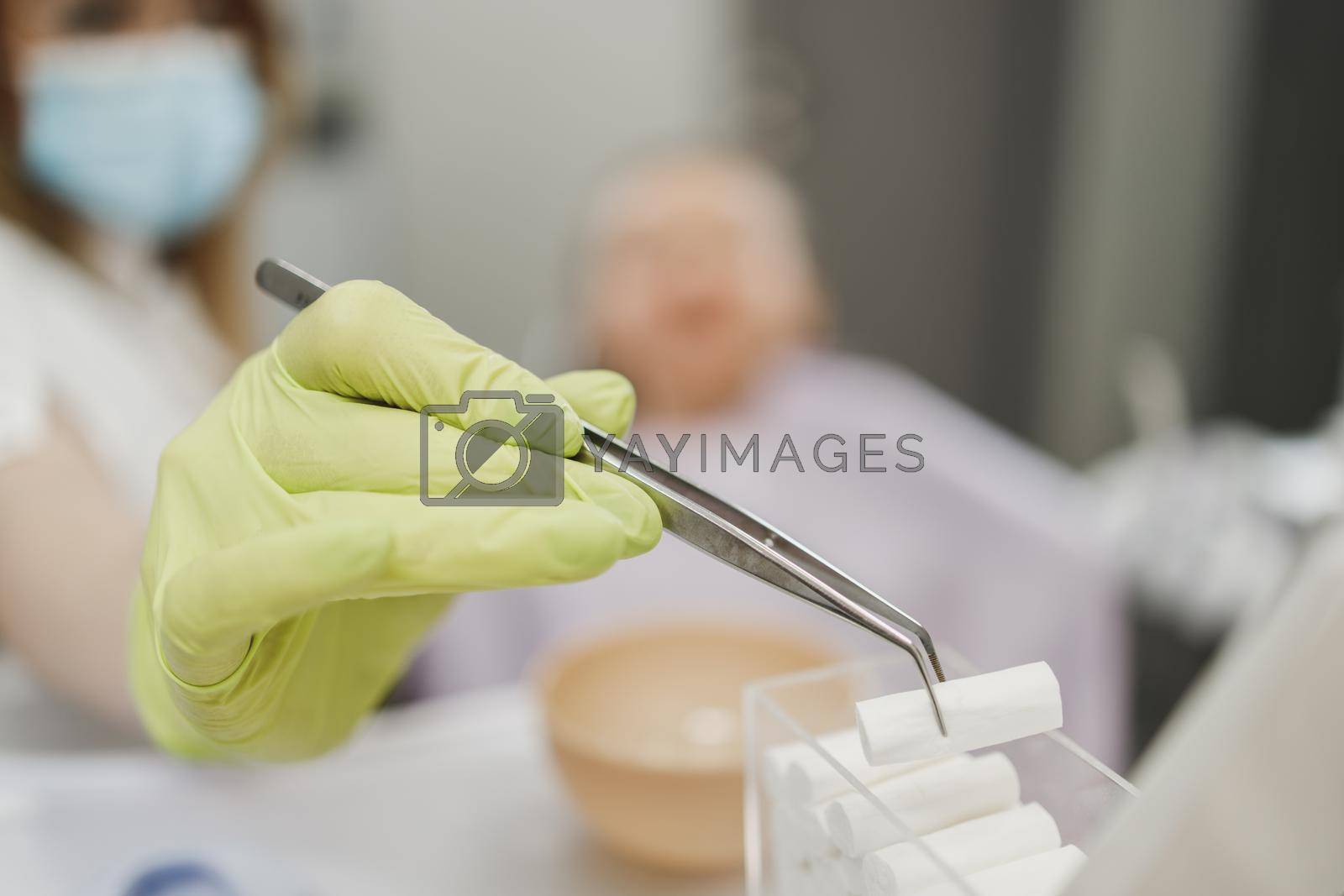 Close-up of an unrecognisable dentist holding cotton tampon during dental procedure at dental clinic.