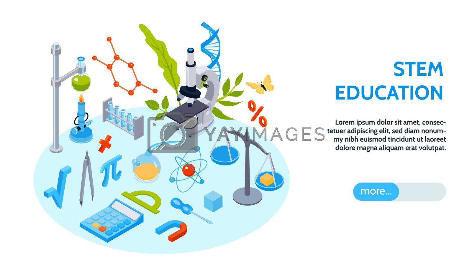 Isometric school education horizontal banner with editable text more button and composition of science related icons vector illustration