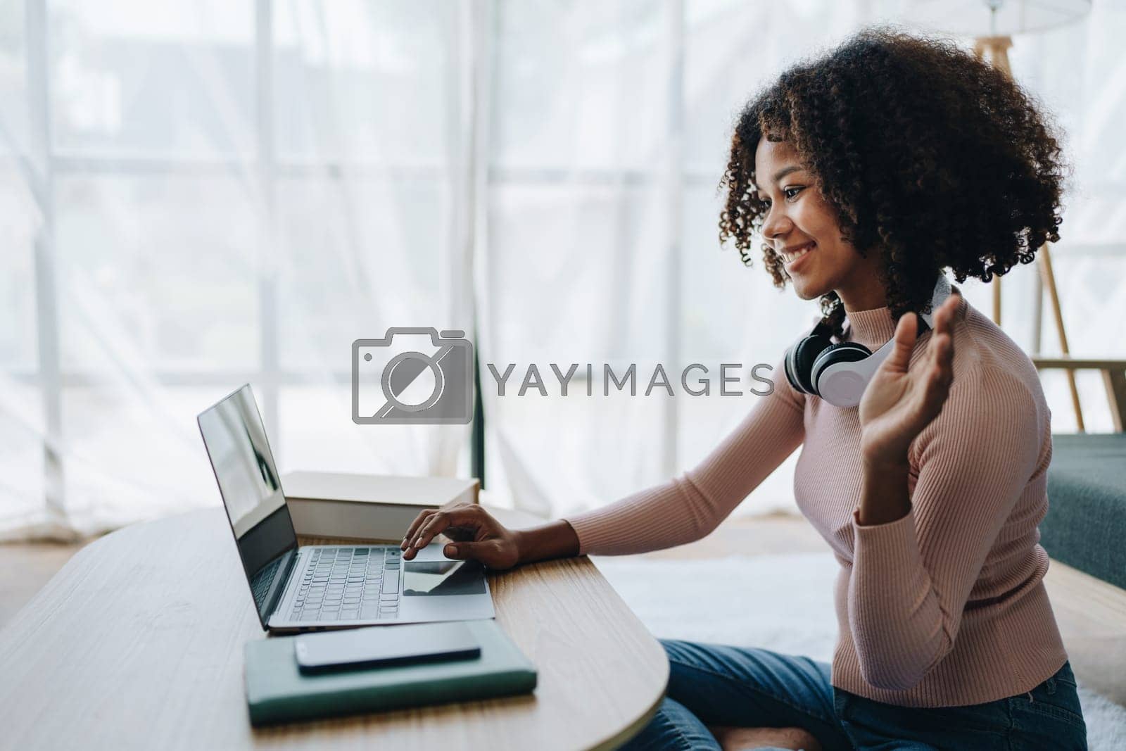 Royalty free image of Video call or conference, african american university foreign exchange students study online on laptop pc english language class Exchange Program by international specialists with master at home by Manastrong