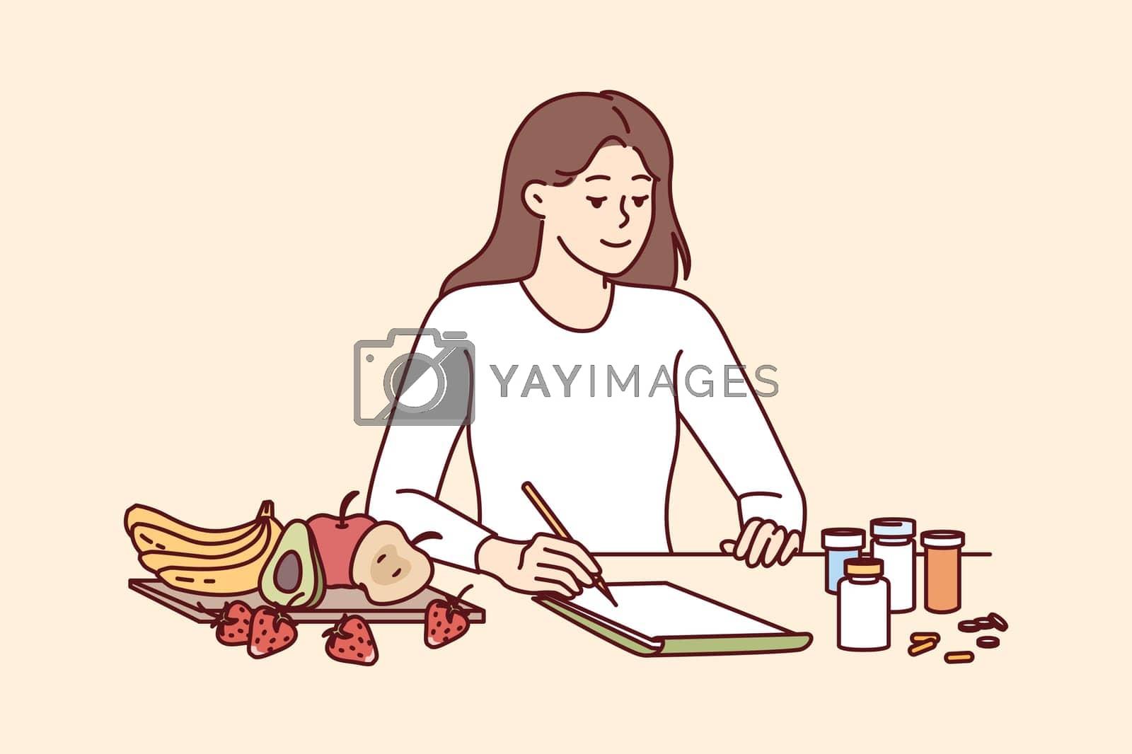 Royalty free image of Woman nutritionist makes diet plan for client sitting at table with fruits and pills by Vasilyeva