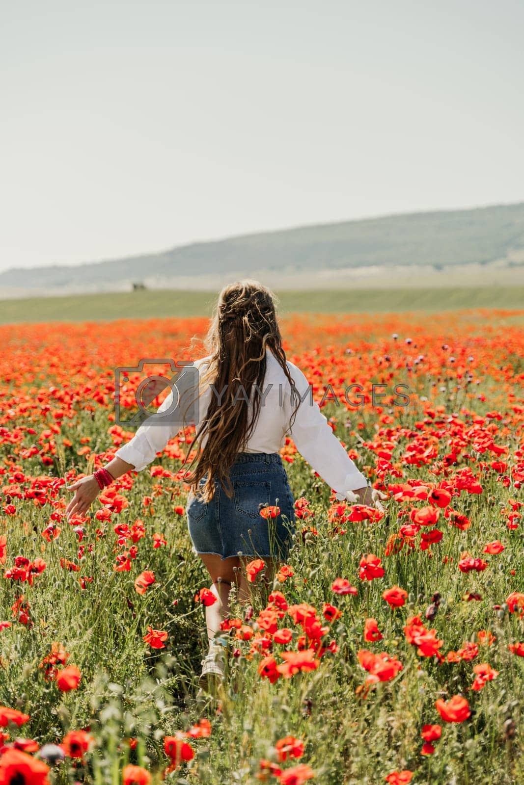 Royalty free image of Woman poppies field. Back view of a happy woman with long hair in a poppy field and enjoying the beauty of nature in a warm summer day. by Matiunina