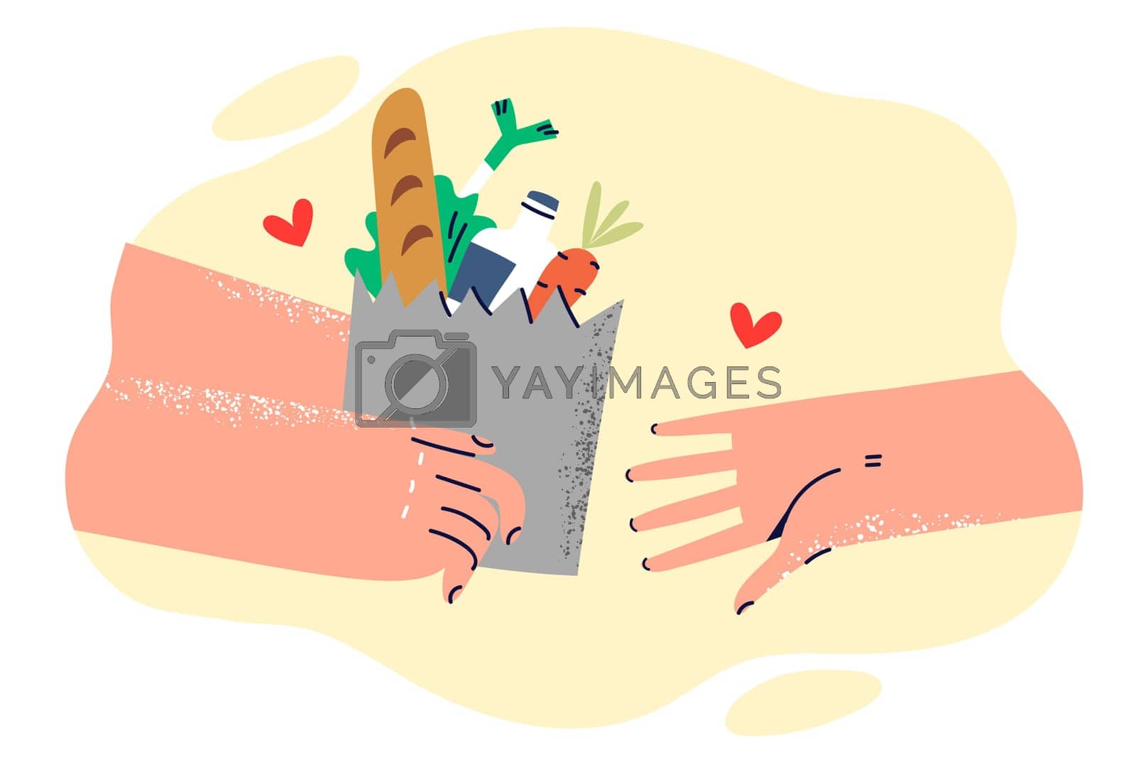 Royalty free image of Paper bag with food in hands volunteer helping someone in need or delivering order from supermarket by Vasilyeu