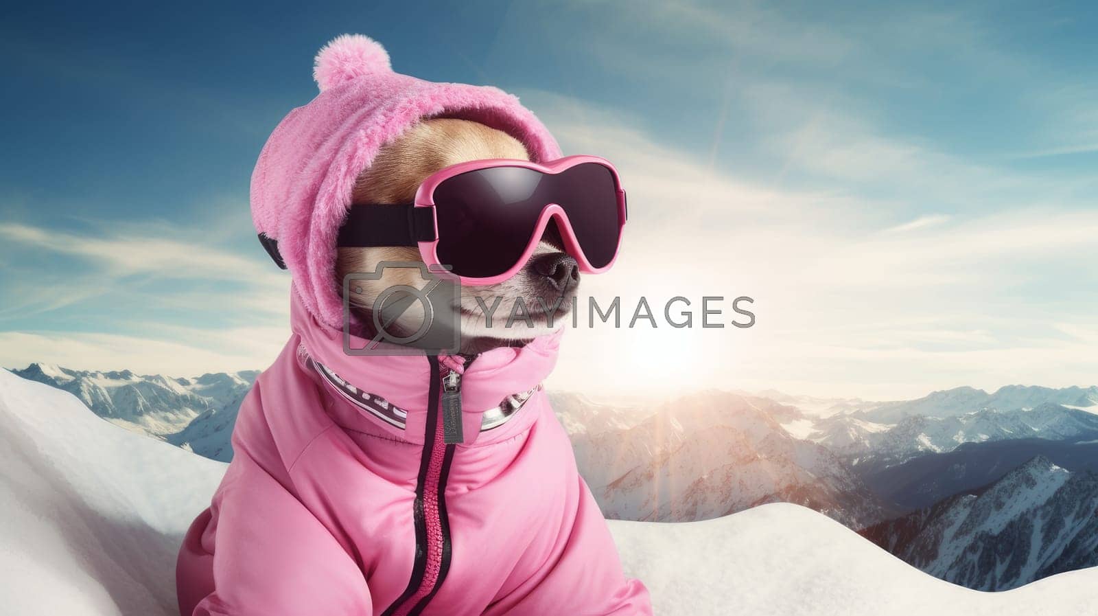Royalty free image of A happy, active, small, cheerful dog in a pink jacket and glasses runs through the snow overlooking a snowy landscape of a forest and mountains, at a ski resort. by Alla_Yurtayeva