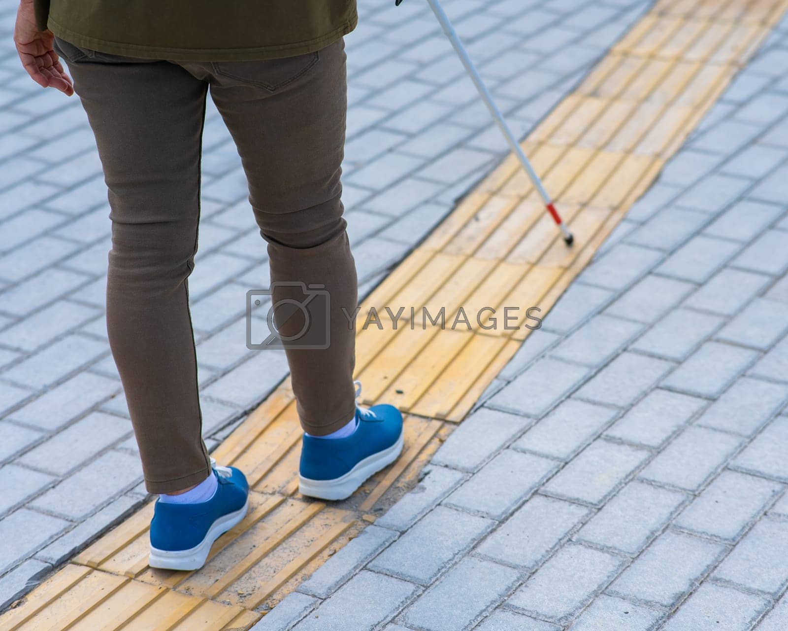 Royalty free image of Close-up of the legs of an elderly blind woman with a cane at a tactile tile. by mrwed54
