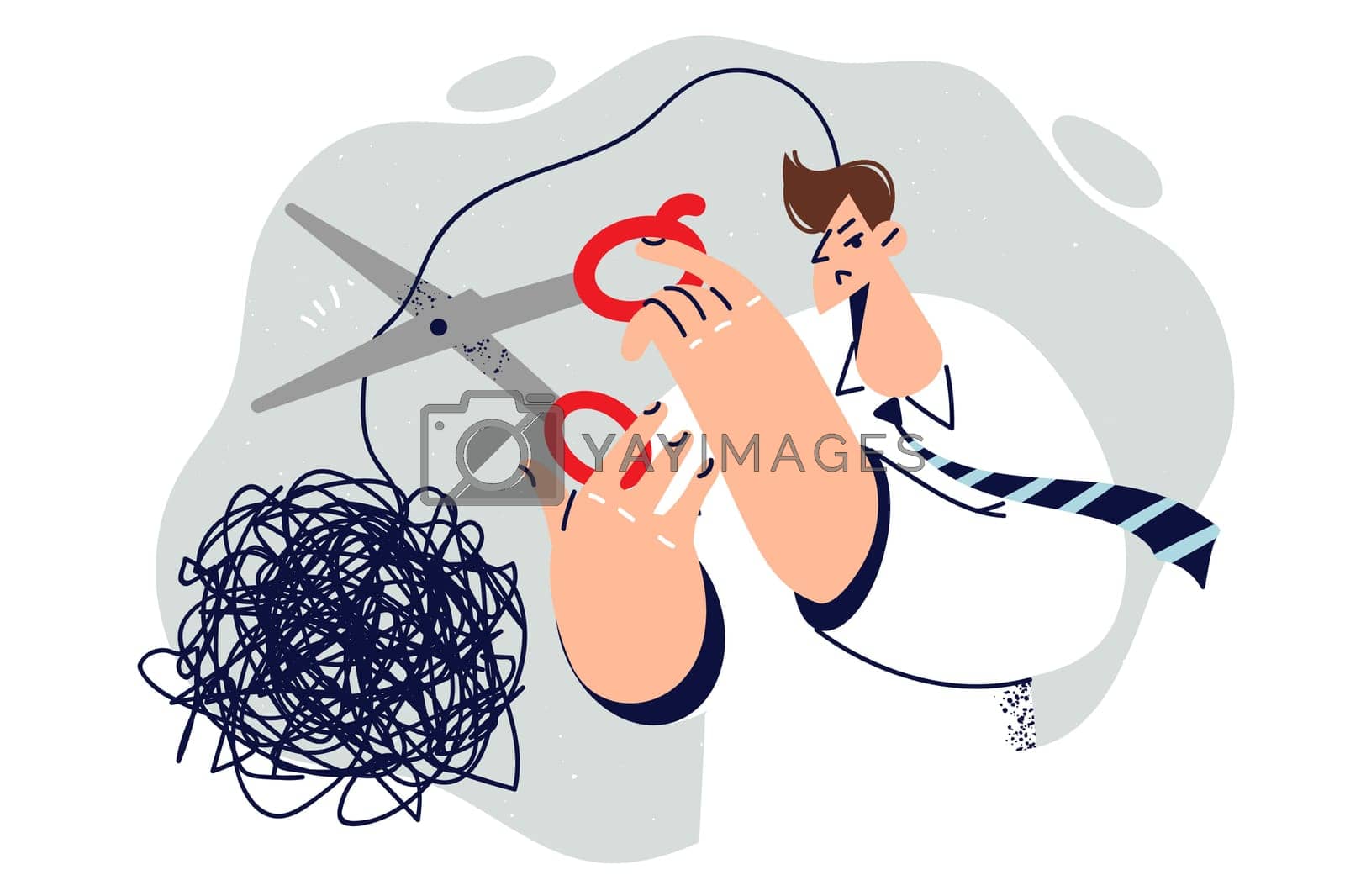 Royalty free image of Man with psychological problems cuts off tangled cord thought symbolizing stress due to toxic work by Vasilyeu