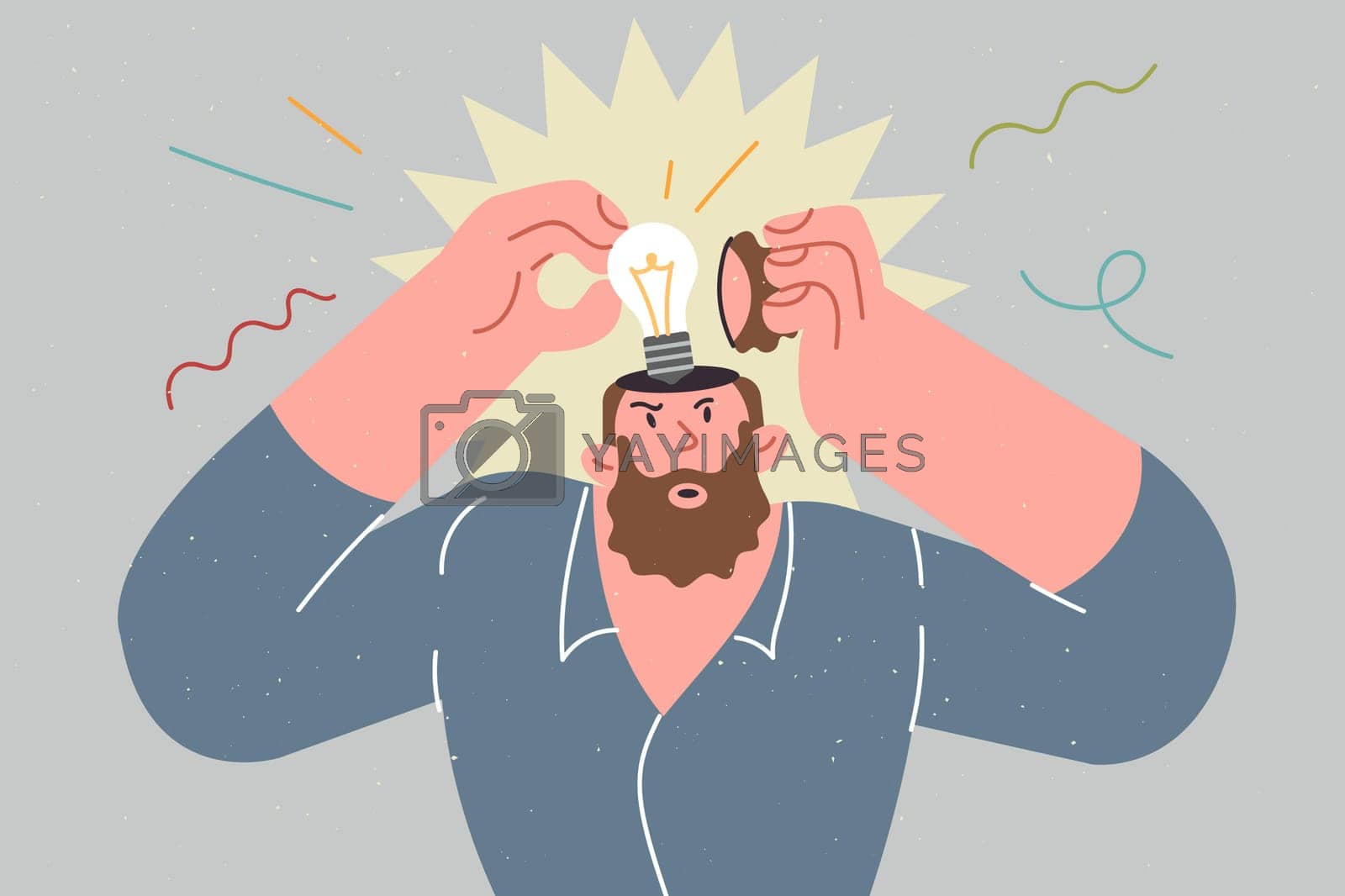 Royalty free image of Man finds new idea thanks to brainstorming about solve problem, standing with light bulb inside head by Vasilyeu