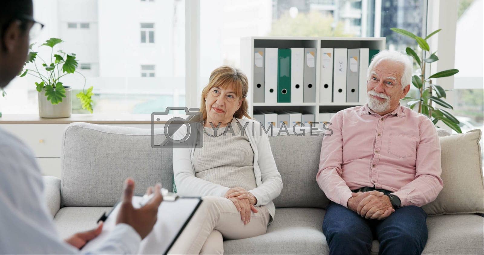 Royalty free image of Senior, happy couple and therapy with psychologist for marriage consulting with advice and support. Communication, therapist and trust talk with helping, listening and counselling for relationship by YuriArcurs